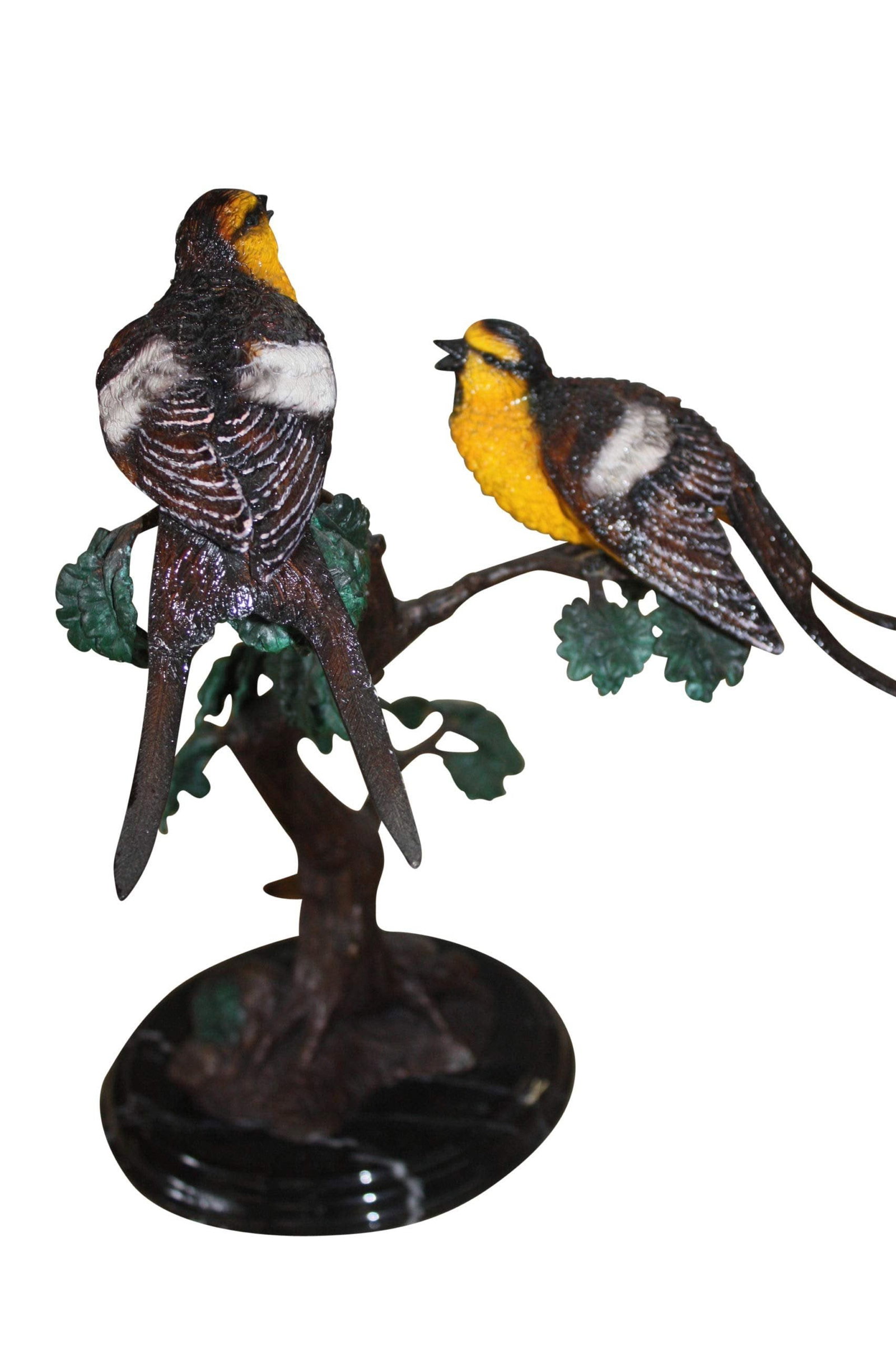 Two Sparrows On Tree - Bronze Statue: Title:Two Sparrows On Tree - Bronze Statue Description:A bronze statue / sculpture of two standing sparrows on tree , with very fine naturalistic color and details. Size: 17"L x 8"W x 17"H. Weight is: