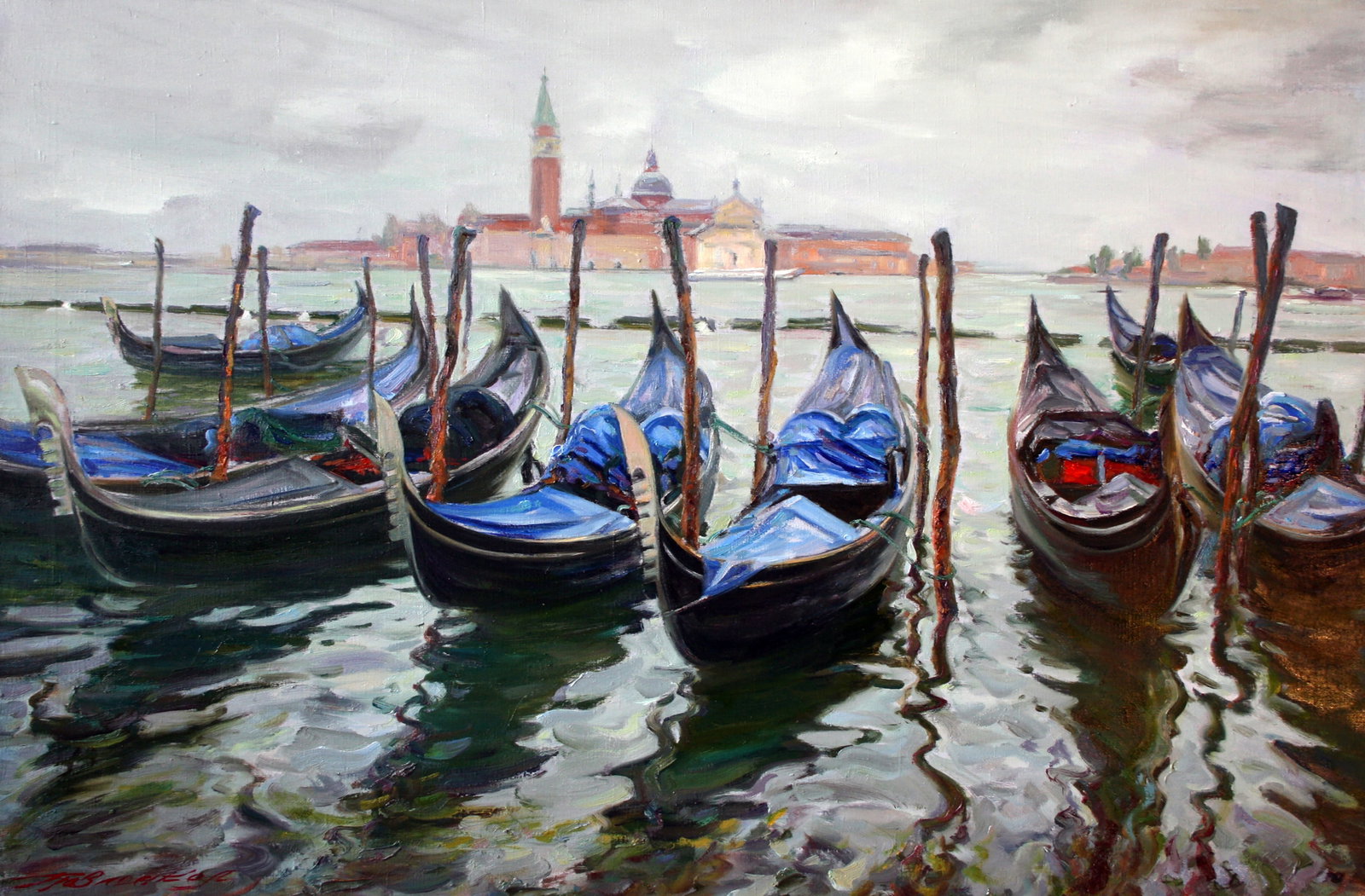 Oil painting Gondolas Leonid Pavlenko: 105PAVL Painter: Leonid Pavlenko Size: 60x90 cm/23.62x35.43 inches Components: oil, canvas Original painting CONDITION: excellent ARTIST: Born on April 23, 1970 in the village. Bondarivka, Zhytomyr re