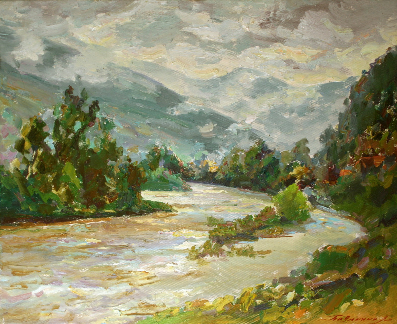 Oil painting Mountain river Leonid Pavlenko: 106PAVL Painter: Leonid Pavlenko Size: 45x55 cm/17.71x21.65 inches Components: oil, canvas Original painting CONDITION: excellent ARTIST: Born on April 23, 1970 in the village. Bondarivka, Zhytomyr re