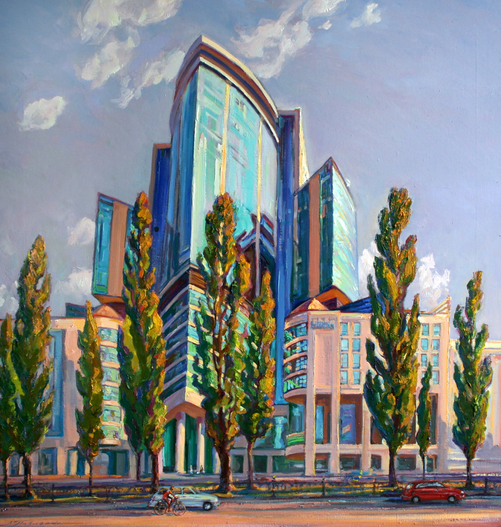 Oil painting Hotel in the city Leonid Pavlenko: 114PAVL Painter: Leonid Pavlenko Size: 95x90 cm/37.40x35.43 inches Components: oil, canvas Original painting CONDITION: excellent ARTIST: Born on April 23, 1970 in the village. Bondarivka, Zhytomyr re