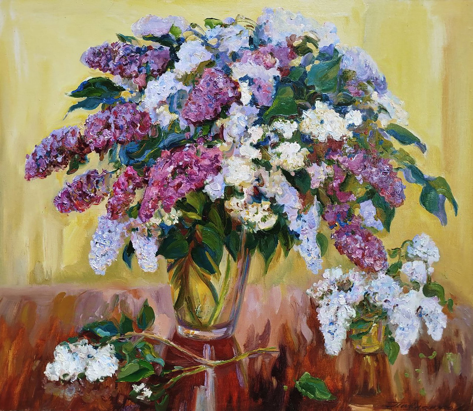 Oil painting Bouquets on a golden background Leonid Pavlenko: 127PAVL Painter: Leonid Pavlenko Size: 65x70 cm/25.59x27.55 inches Components: oil, canvas Original painting CONDITION: excellent ARTIST: Born on April 23, 1970 in the village. Bondarivka, Zhytomyr re