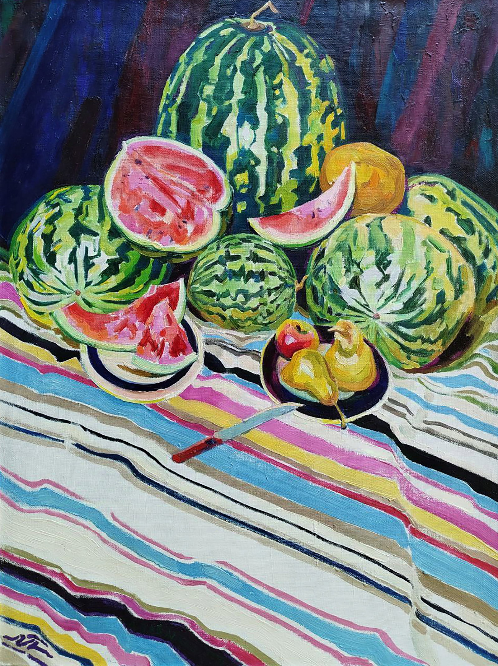 Oil painting Watermelons with pears Leonid Pavlenko: 132PAVL Painter: Leonid Pavlenko Size: 80x60 cm/31.49x23.62 inches Components: oil, canvas Original painting CONDITION: excellent ARTIST: Born on April 23, 1970 in the village. Bondarivka, Zhytomyr re