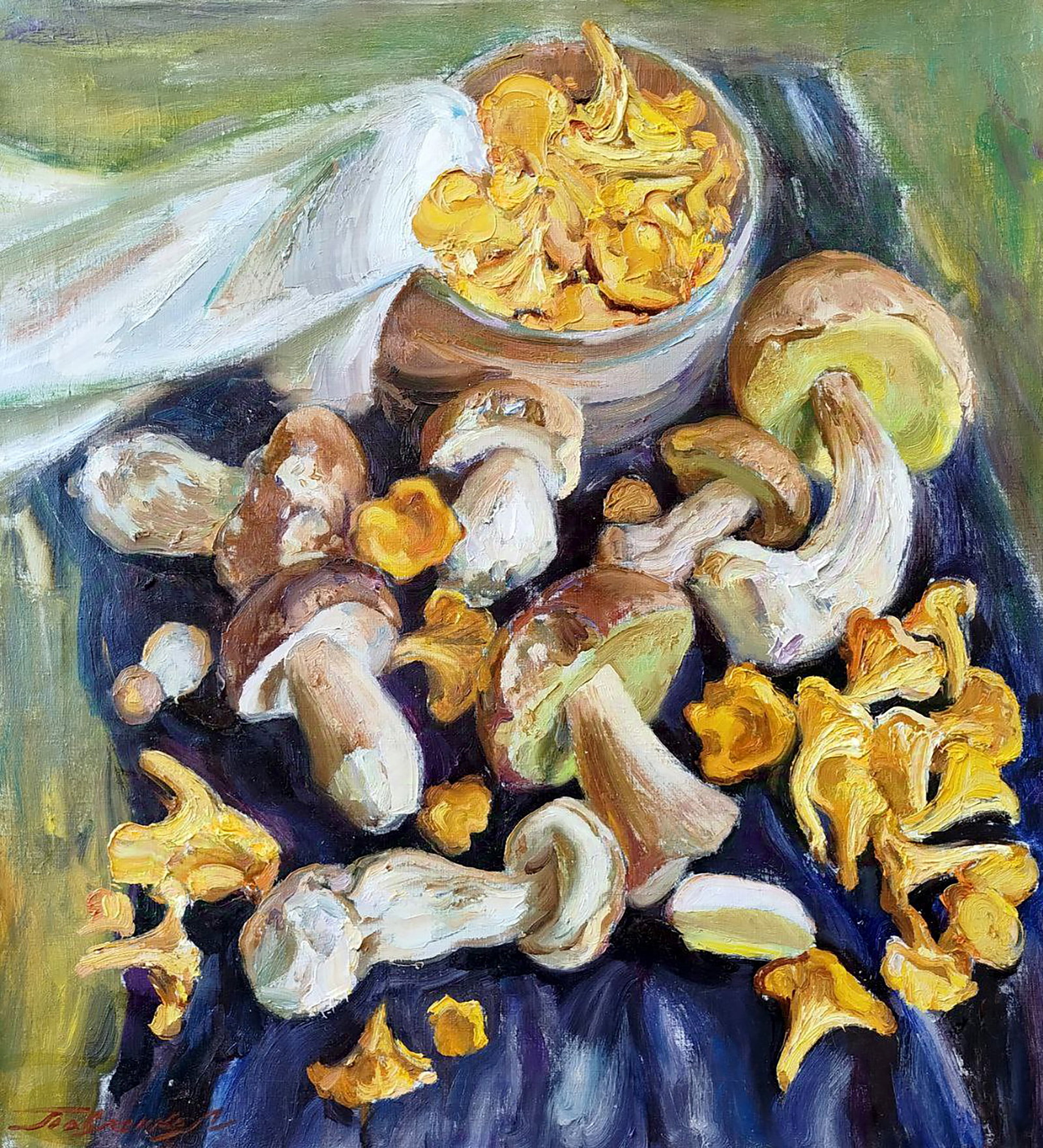 Oil painting Yellow with white mushrooms Leonid Pavlenko: 135PAVL Painter: Leonid Pavlenko Size: 60x55 cm/23.62x21.65 inches Components: oil, canvas Original painting CONDITION: excellent ARTIST: Born on April 23, 1970 in the village. Bondarivka, Zhytomyr