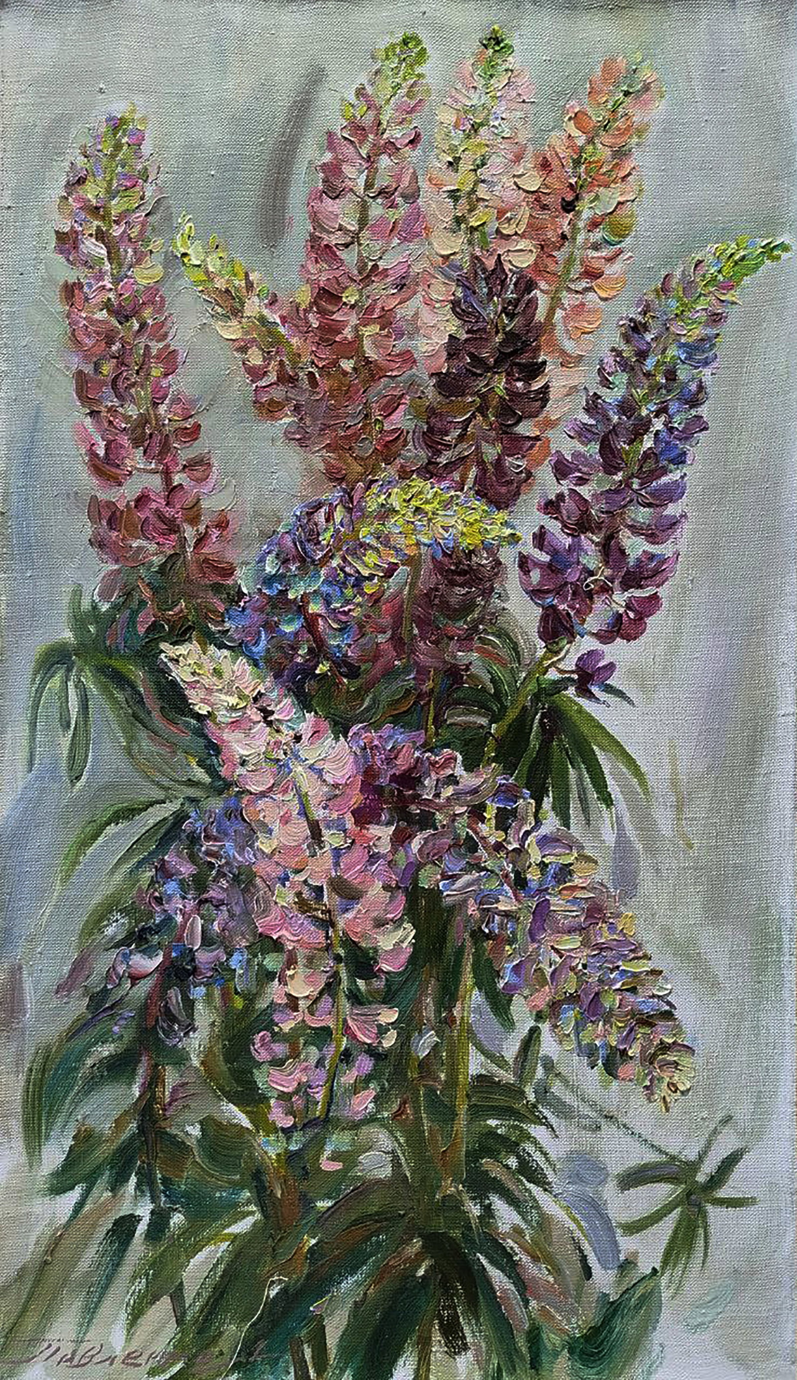 Oil painting Lupine on a light background Leonid Pavlenko: 151PAVL Painter: Leonid Pavlenko Size: 63x33 cm/24.80x12.99 inches Components: oil, canvas Original painting CONDITION: excellent ARTIST: Born on April 23, 1970 in the village. Bondarivka, Zhytomyr re