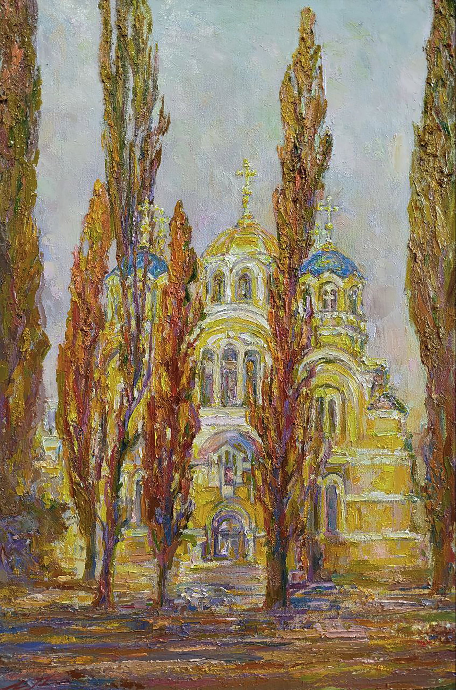 Oil painting Warm autumn near the cathedral Leonid Pavlenko: 154PAVL Painter: Leonid Pavlenko Size: 60x40 cm/23.62x15.74 inches Components: oil, canvas Original painting CONDITION: excellent ARTIST: Born on April 23, 1970 in the village. Bondarivka, Zhytomyr