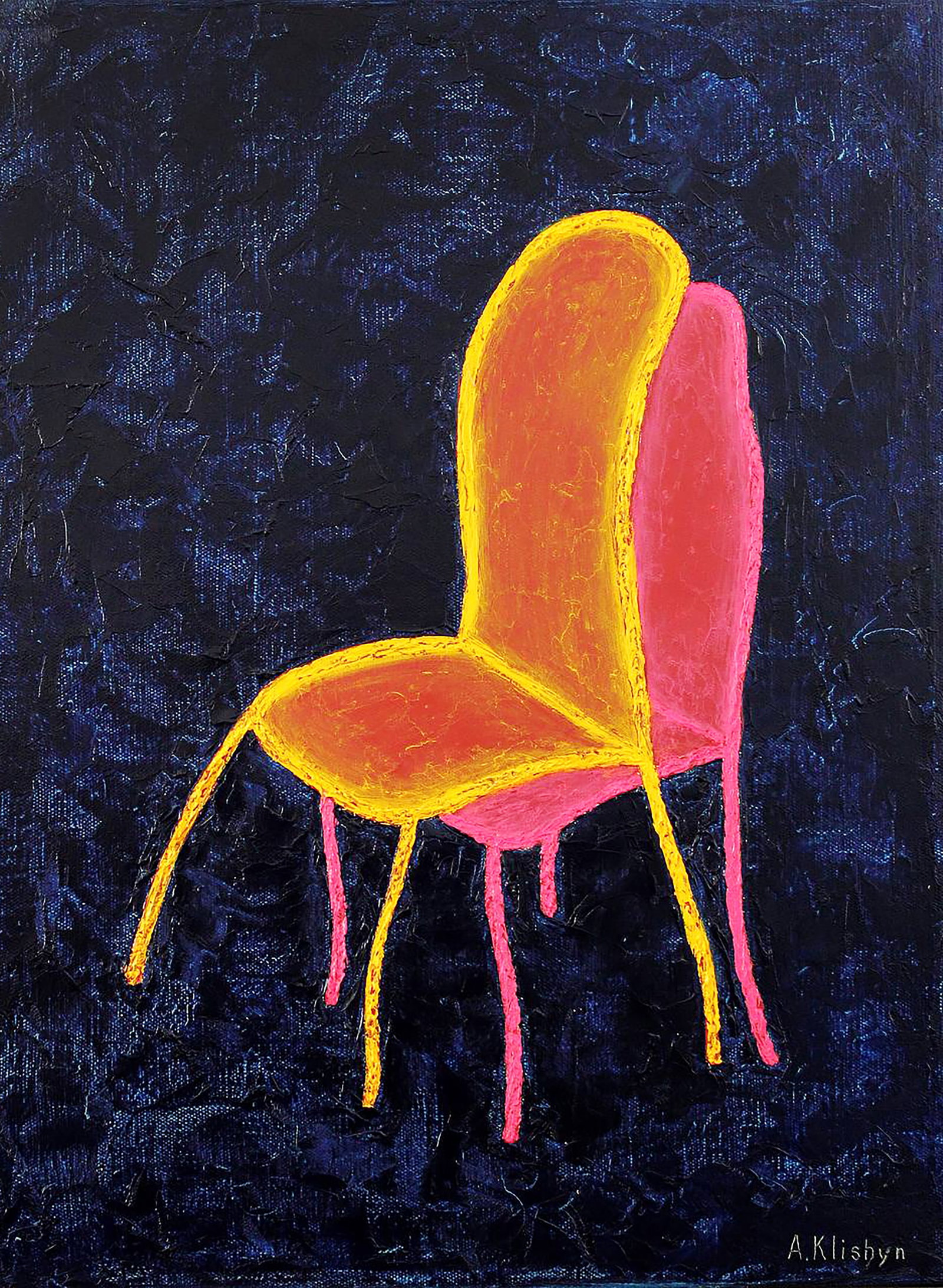 Oil painting Love from above Andriy Klishyn: 30KLISH Painter: Andriy Klishyn Size: 60x45 cm/23.62x17.71 inches Components: oil, dvp Original painting - series "Kamasutra Chairs #2" CONDITION: excellent ARTIST: Born on February 27, 1958 in the ci