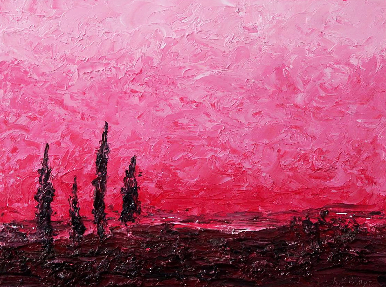 Oil painting Pink sunset Andriy Klishyn: 40KLISH Painter: Andriy Klishyn Size: 32x41 cm/12.59x16.14 inches Components: oil, dvp Original painting CONDITION: excellent ARTIST: Born on February 27, 1958 in the city of Kirovabad, Republic of Az