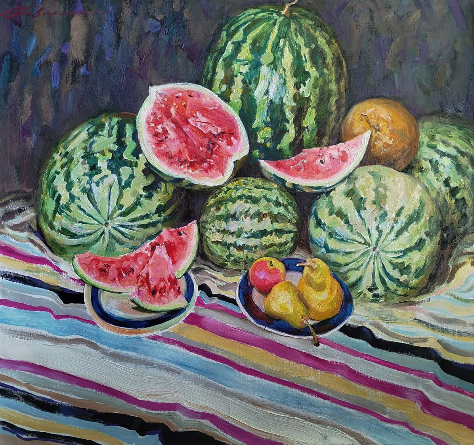Oil painting Watermelons and melons Leonid Pavlenko: 156PAVL Painter: Leonid Pavlenko Size: 65x75 cm/25.59x29.52 inches Components: oil, canvas Original painting CONDITION: excellent ARTIST: Born on April 23, 1970 in the village. Bondarivka, Zhytomyr re