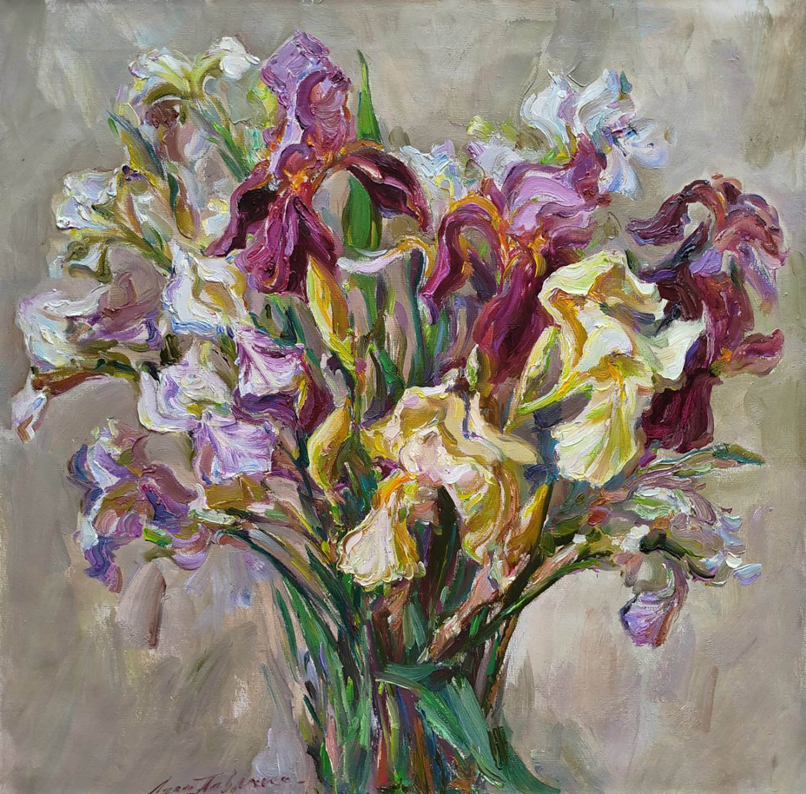 Oil painting Bouquet of irises Leonid Pavlenko: 160PAVL Painter: Leonid Pavlenko Size: 60x60 cm/23.62x23.62 inches Components: oil, canvas Original painting CONDITION: excellent ARTIST: Born on April 23, 1970 in the village. Bondarivka, Zhytomyr