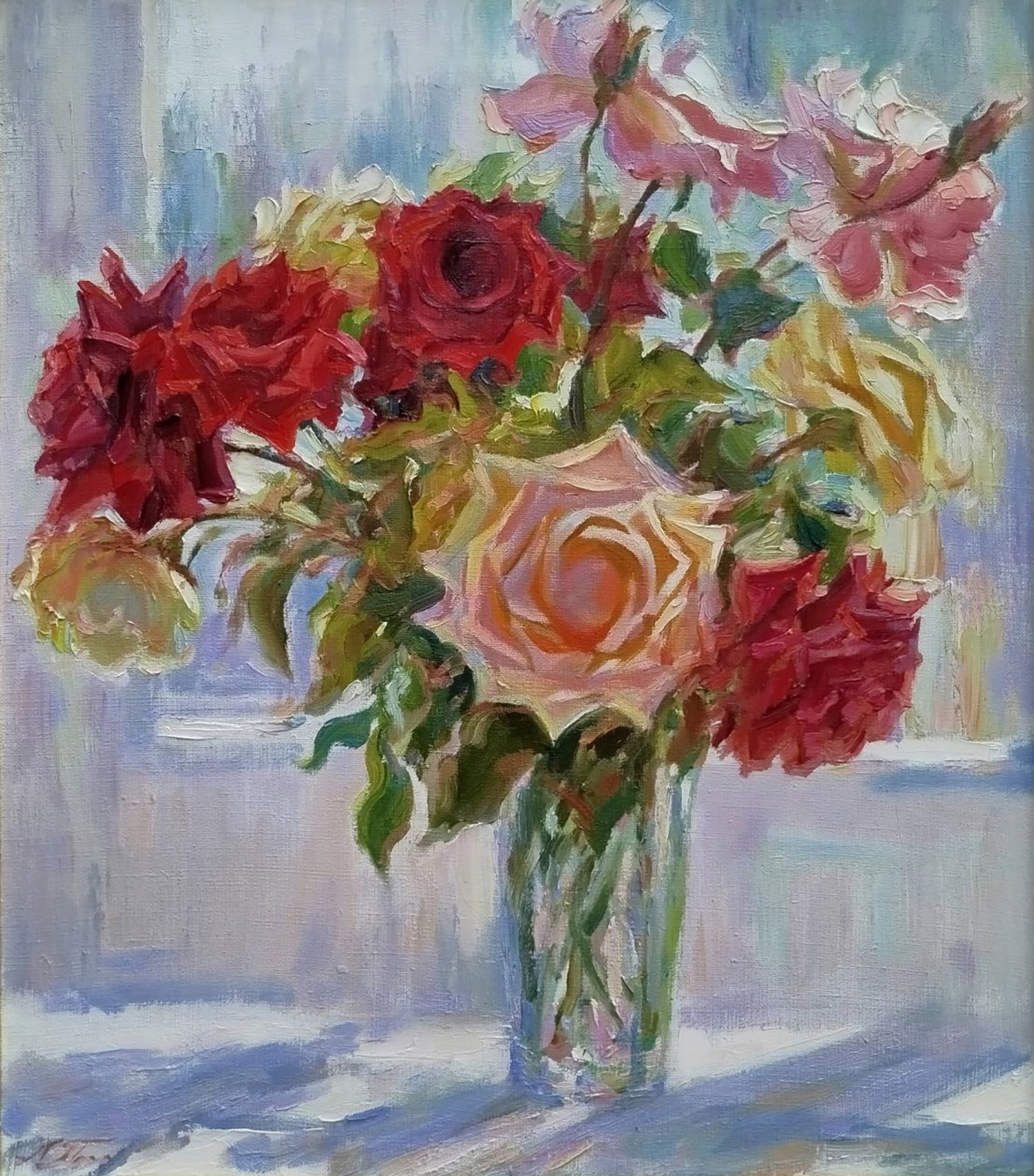 Oil painting A bouquet of roses on the windowsill Leonid Pavlenko: 162PAVL Painter: Leonid Pavlenko Size: 53x46 cm/20.86x18.11 inches Components: oil, canvas Original painting CONDITION: excellent ARTIST: Born on April 23, 1970 in the village. Bondarivka, Zhytomyr re