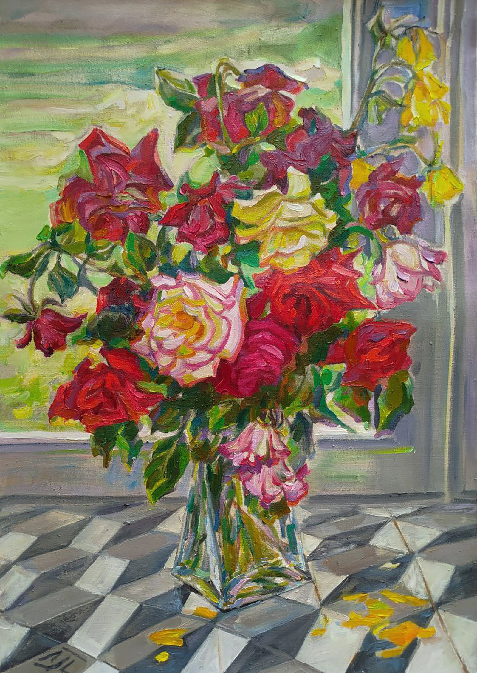 Oil painting A bouquet of roses on the balcony Leonid Pavlenko: 163PAVL Painter: Leonid Pavlenko Size: 70x50 cm/27.55x19.68 inches Components: oil, canvas Original painting CONDITION: excellent ARTIST: Born on April 23, 1970 in the village. Bondarivka, Zhytomyr