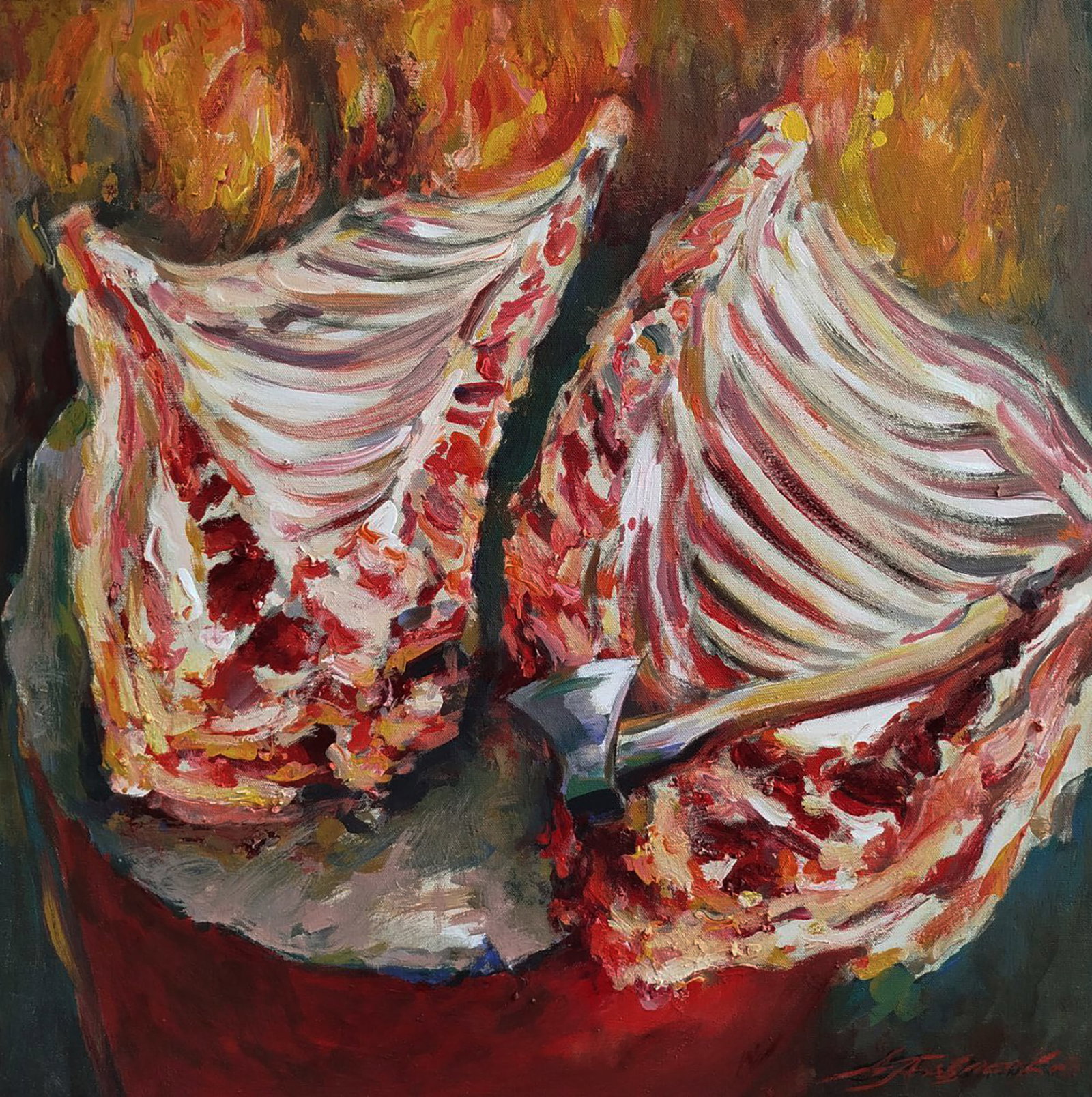 Acrylic painting Cutting meat Leonid Pavlenko: 181PAVL Painter: Leonid Pavlenko Size: 60x60 cm/23.62x23.62 inches Components: acrylic, canvas Original painting CONDITION: excellent ARTIST: Born on April 23, 1970 in the village. Bondarivka,