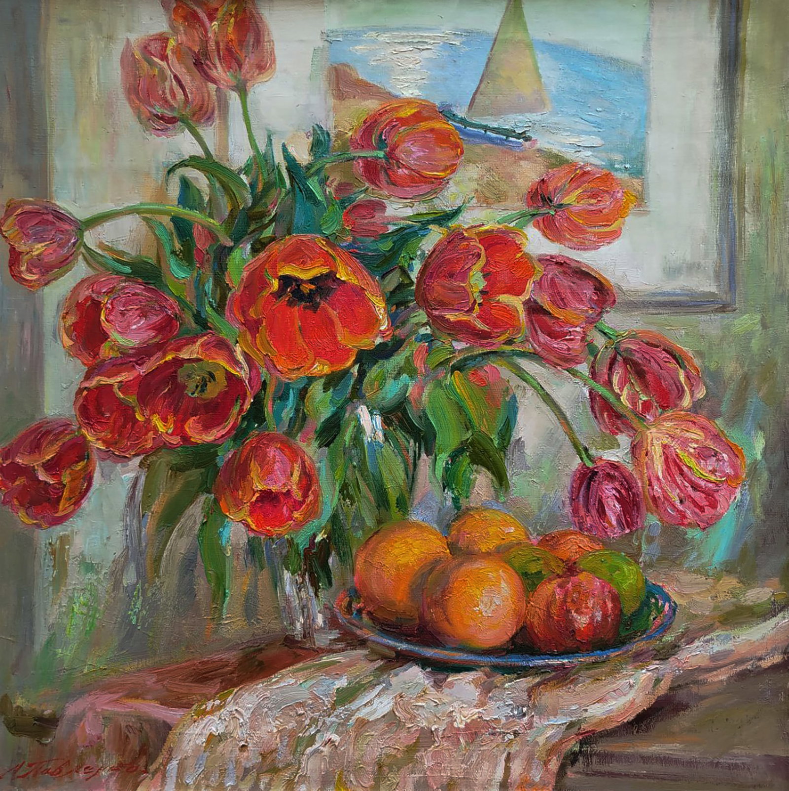 Oil painting Fruits with tulips Leonid Pavlenko: 183PAVL Painter: Leonid Pavlenko Size: 70x70 cm/27.55x27.55 inches Components: oil, canvas Original painting CONDITION: excellent ARTIST: Born on April 23, 1970 in the village. Bondarivka, Zhytomyr re