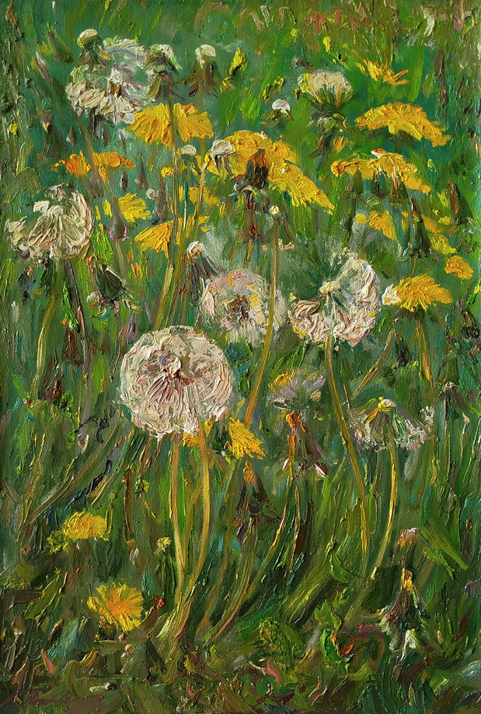 Oil painting Green dandelions Leonid Pavlenko: 185PAVL Painter: Leonid Pavlenko Size: 50x35 cm/19.68x13.77 inches Components: oil, canvas Original painting CONDITION: excellent ARTIST: Born on April 23, 1970 in the village. Bondarivka, Zhytomyr re