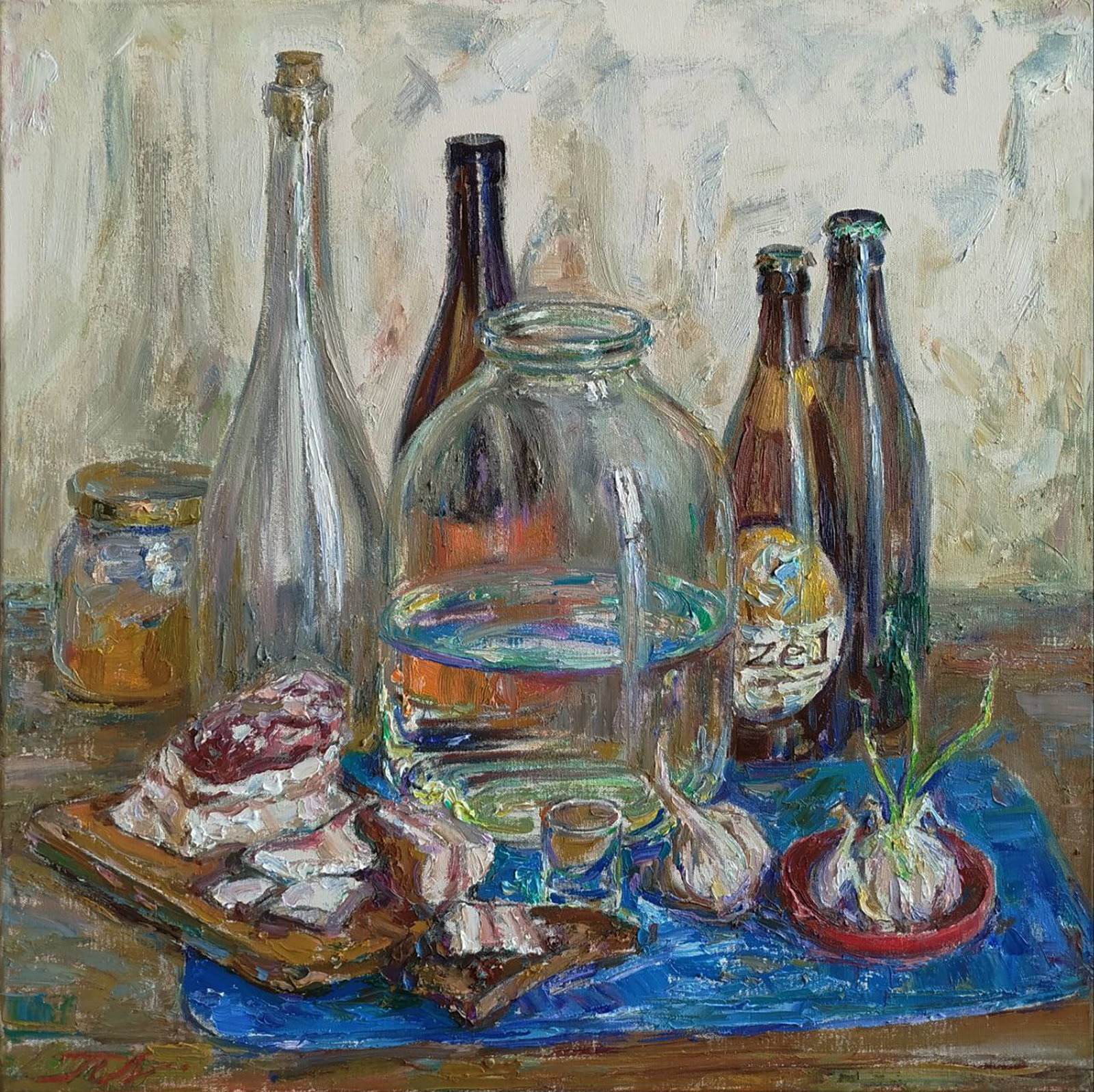 Oil painting Bottles on the table Leonid Pavlenko: 189PAVL Painter: Leonid Pavlenko Size: 60x60 cm/23.62x23.62 inches Components: oil, canvas Original painting CONDITION: excellent ARTIST: Born on April 23, 1970 in the village. Bondarivka, Zhytomyr re