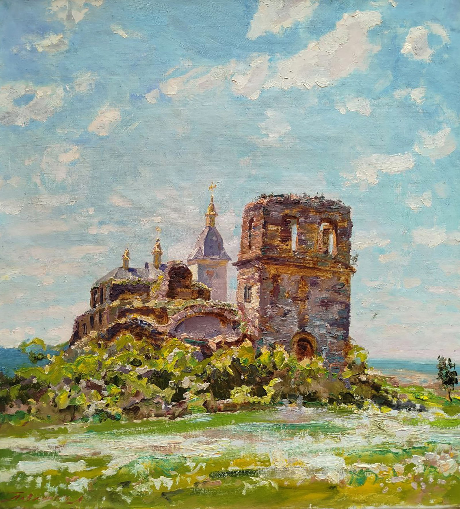 Oil painting Ancient castle Leonid Pavlenko: 193PAVL Painter: Leonid Pavlenko Size: 70x65 cm/27.55x25.59 inches Components: oil, canvas Original painting CONDITION: excellent ARTIST: Born on April 23, 1970 in the village. Bondarivka, Zhytomyr re