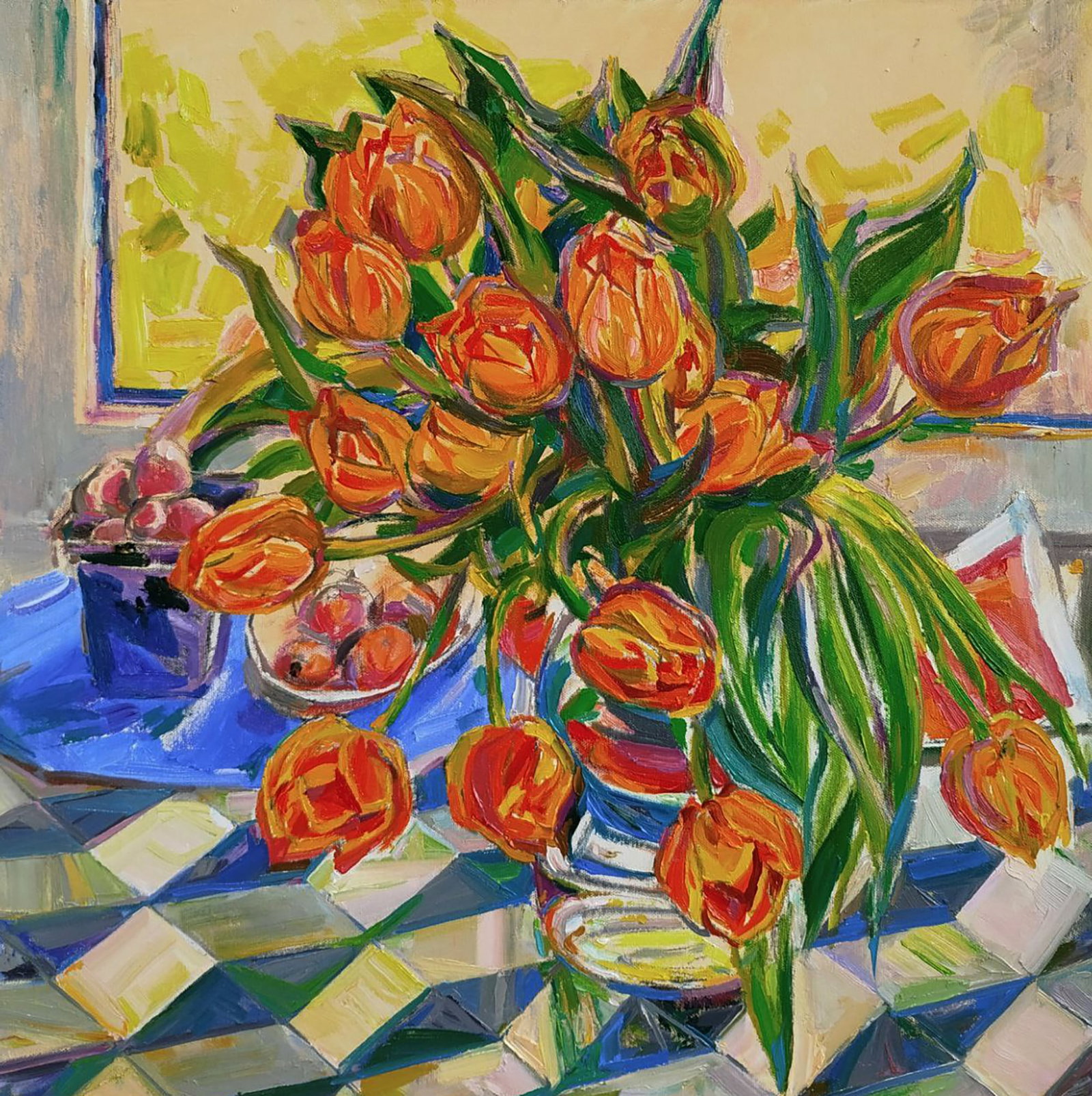 Oil painting A bouquet of morning tulips Leonid Pavlenko: 197PAVL Painter: Leonid Pavlenko Size: 50x50 cm/19.68x19.68 inches Components: oil, canvas Original painting CONDITION: excellent ARTIST: Born on April 23, 1970 in the village. Bondarivka, Zhytomyr re