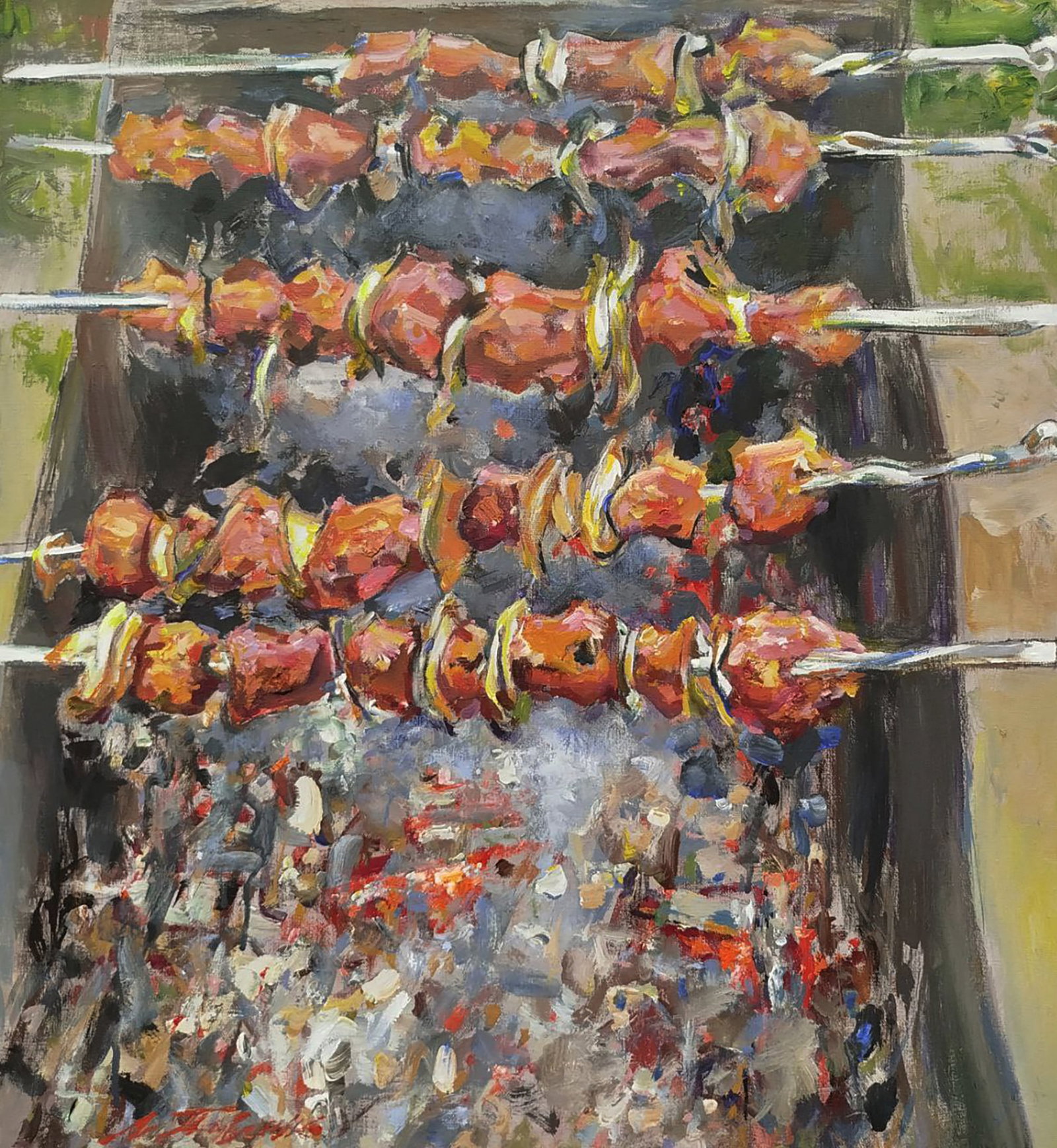 Oil painting Cooking meat Leonid Pavlenko: 203PAVL Painter: Leonid Pavlenko Size: 65x60 cm/25.59x23.62 inches Components: oil, canvas Original painting CONDITION: excellent ARTIST: Born on April 23, 1970 in the village. Bondarivka, Zhytomyr