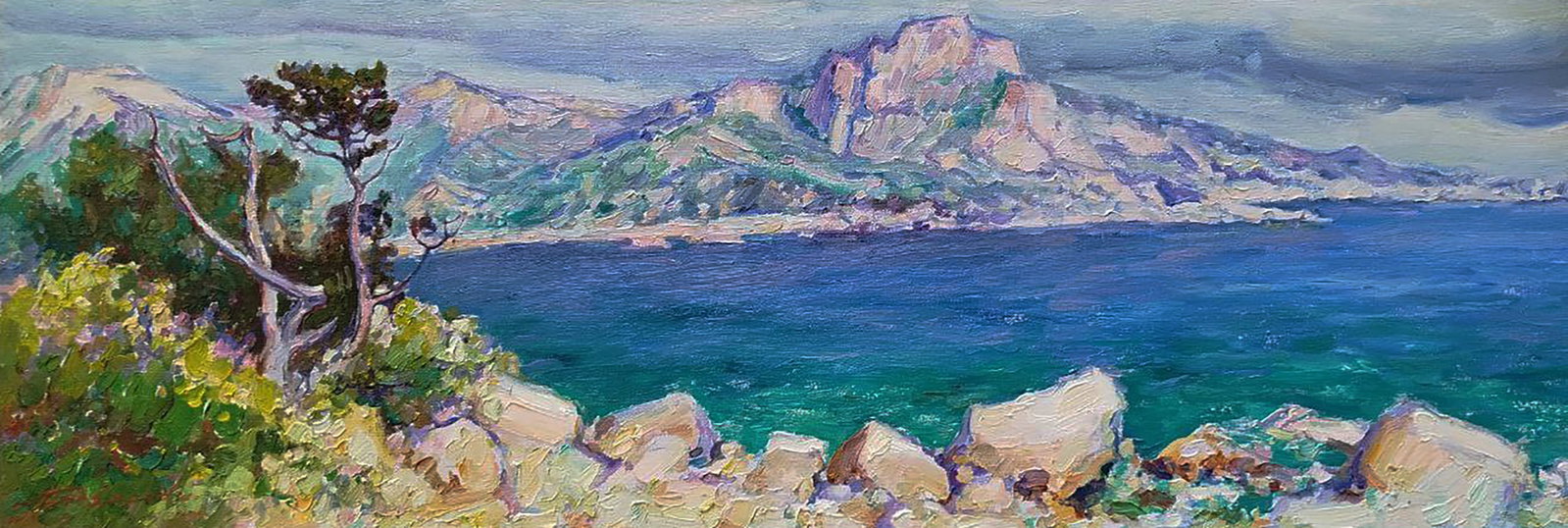 Oil painting South coast of the sea Leonid Pavlenko: 204PAVL Painter: Leonid Pavlenko Size: 30x90 cm/11.81x35.43 inches Components: oil, canvas Original painting CONDITION: excellent ARTIST: Born on April 23, 1970 in the village. Bondarivka, Zhytomyr re