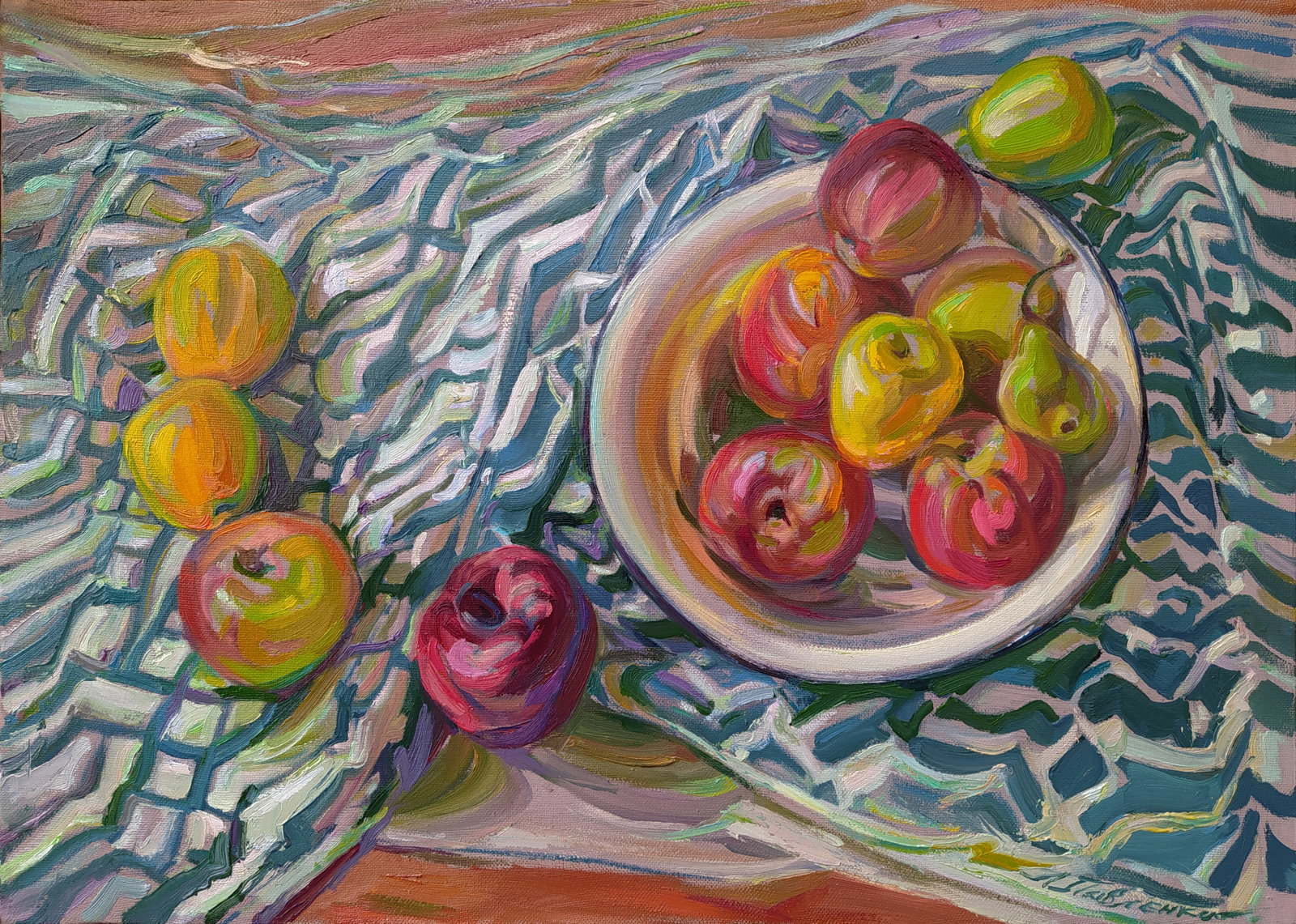 Oil painting Table with apples Leonid Pavlenko: 206PAVL Painter: Leonid Pavlenko Size: 50x70 cm/19.68x27.55 inches Components: oil, canvas Original painting CONDITION: excellent ARTIST: Born on April 23, 1970 in the village. Bondarivka, Zhytomyr re