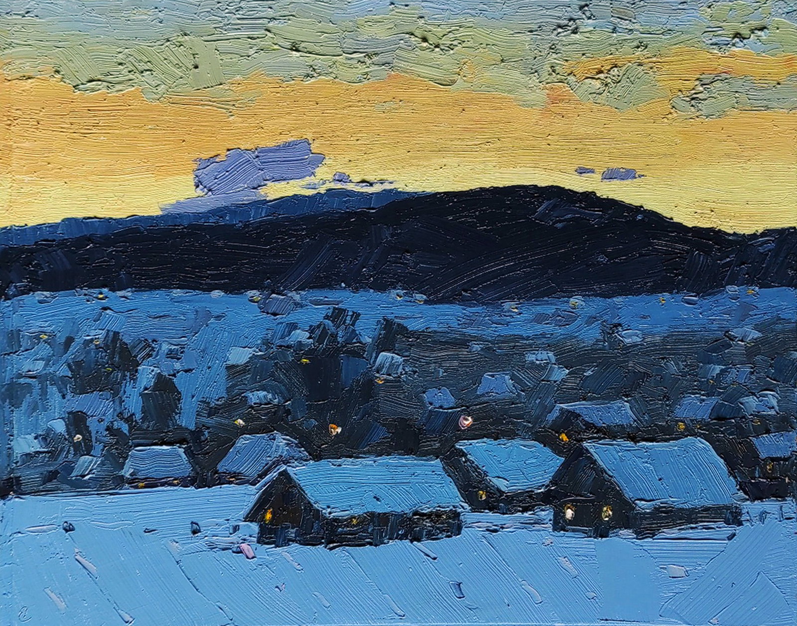 Oil painting Quiet winter evening Yaroslav Savchyn: 84SAVCH Painter: Yaroslav Savchyn Size: 35x44 cm/13.77x17.32 inches Components: oil, canvas on cardboard Original painting CONDITION: excellent ARTIST: Yaroslav Dmytrovych Savchyn He was born, lives a