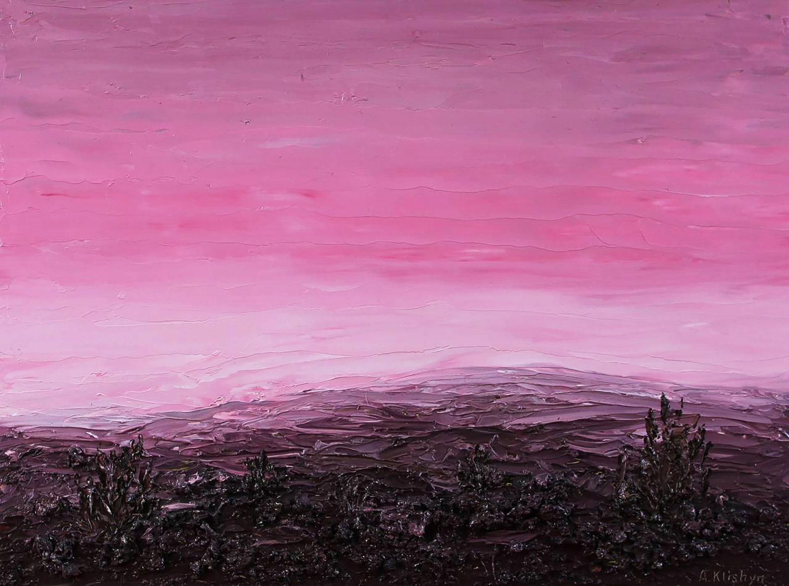 Oil painting Pink landscape Andriy Klishyn: 67KLISH Painter: Andriy Klishyn Size: 30x40 cm/11.81x15.74 inches Components: oil, dvp Original painting CONDITION: excellent ARTIST: Born on February 27, 1958 in the city of Kirovabad, Republic of Az