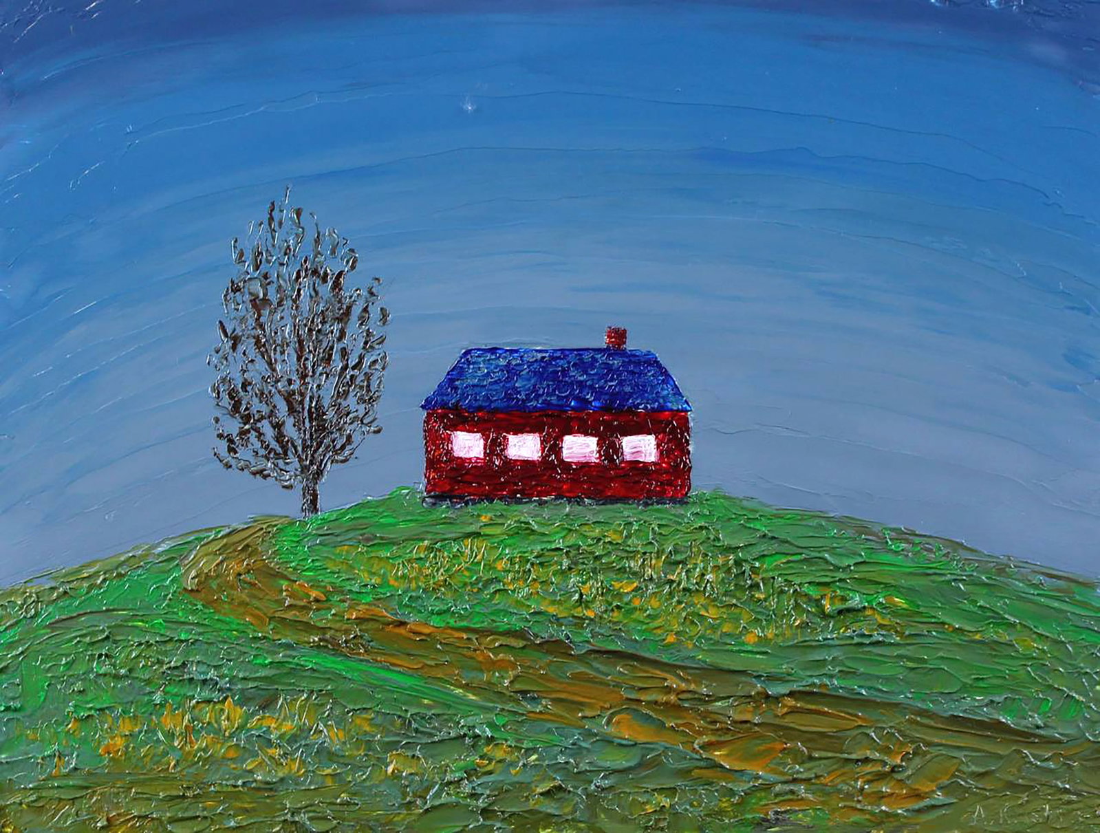 Oil painting House on the Hill Andriy Klishyn: 68KLISH Painter: Andriy Klishyn Size: 30x40 cm/11.81x15.74 inches Components: oil, dvp Original painting CONDITION: excellent ARTIST: Born on February 27, 1958 in the city of Kirovabad, Republic of Az