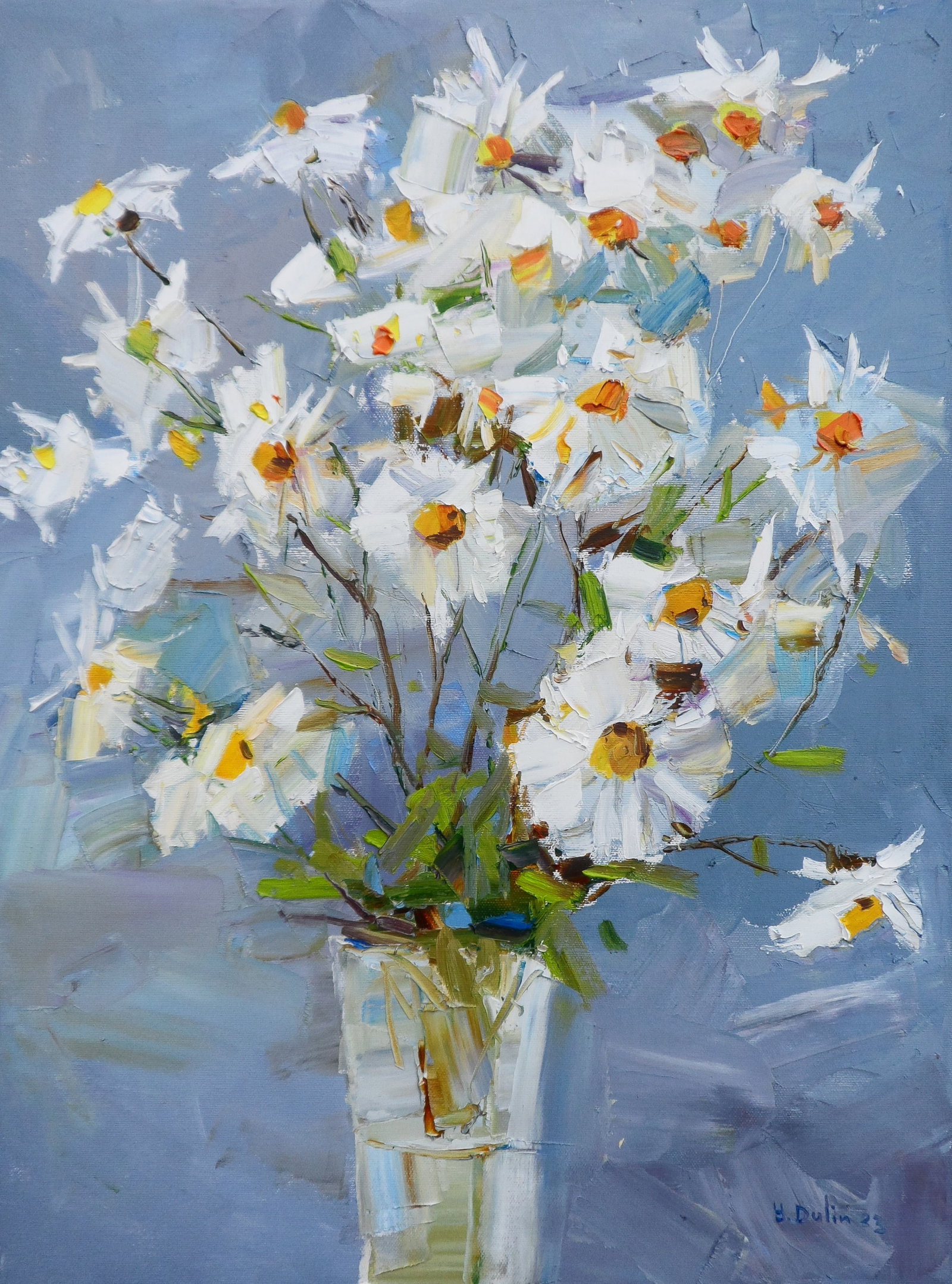 Oil painting White Chrysanthemums Yegor Dulin: 2DUL Painter: Yegor Dulin Size: 60?45 cm/23.62x17.71 inches Components: oil, canvas Original painting CONDITION: excellent ARTIST: Dulin Yegor Volodymyrovych was born on May 9, 1985 in the city of Lys