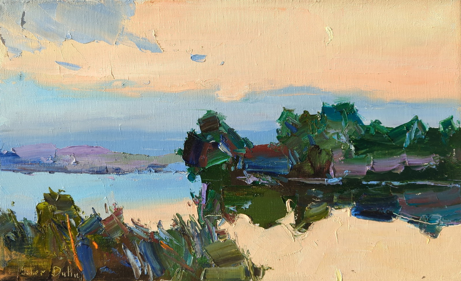 Oil painting Evening of silence by the river Yegor Dulin: 14DUL Painter: Yegor Dulin Size: 30?50 cm/11.81x19.68 inches Components: oil, canvas, flax Original painting CONDITION: excellent ARTIST: Dulin Yegor Volodymyrovych was born on May 9, 1985 in the city