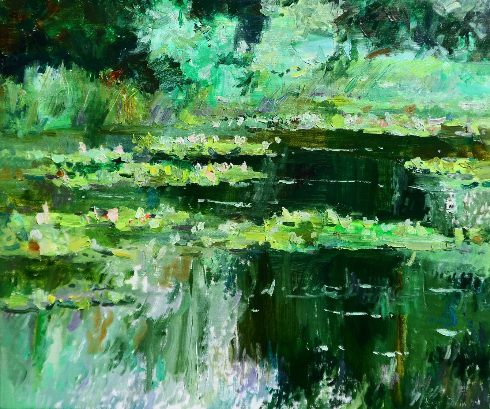 Oil painting Water Lilies in a Forest Lake Yegor Dulin: 18DUL Painter: Yegor Dulin Size: 50?60 cm/19.68x23.62 inches Components: oil, canvas Original painting CONDITION: excellent ARTIST: Dulin Yegor Volodymyrovych was born on May 9, 1985 in the city of Ly