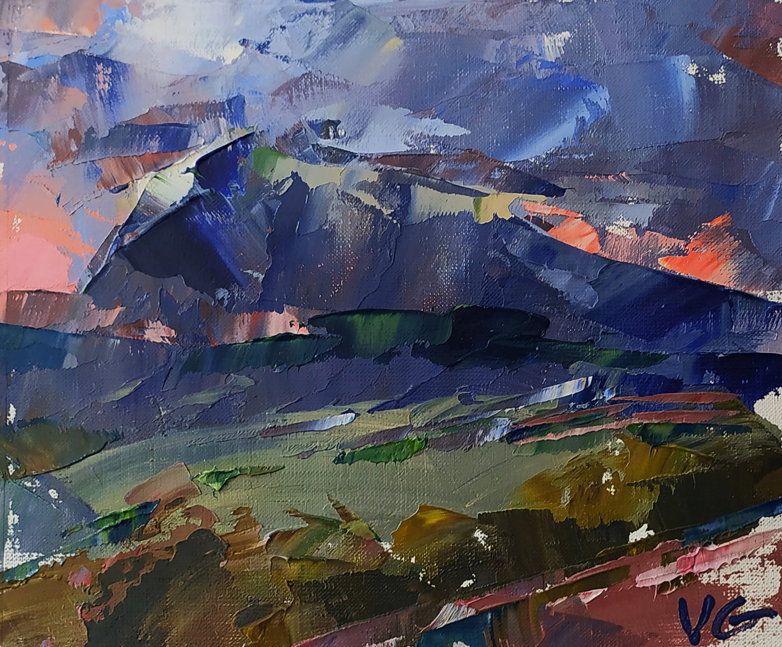 Oil painting Mountain sunset Volodymyr Gluhomanyuk: 8GLUX Painter: Volodymyr Gluhomanyuk Size: 25x30 cm/9.84x11.81 inches Components: oil, canvas Original painting - series Denia part 7 CONDITION: excellent ARTIST: Volodymyr Gluhomanyuk I was born in 1