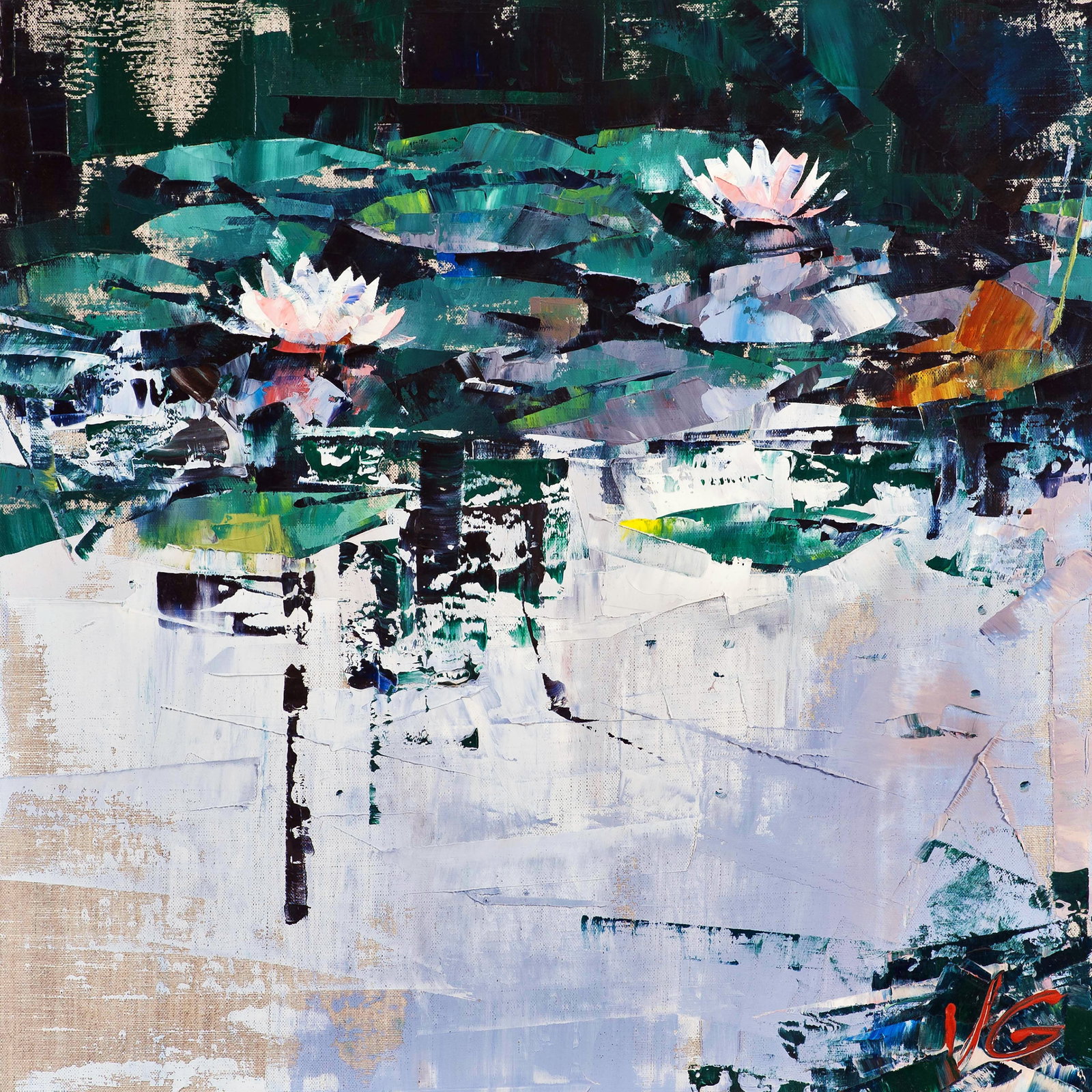 Oil painting Water lilies Volodymyr Gluhomanyuk: 19GLUX Painter: Volodymyr Gluhomanyuk Size: 60x60 cm/23.62x23.62 inches Components: oil, canvas Original painting CONDITION: excellent ARTIST: Volodymyr Gluhomanyuk I was born in 1964, in Kyiv. I