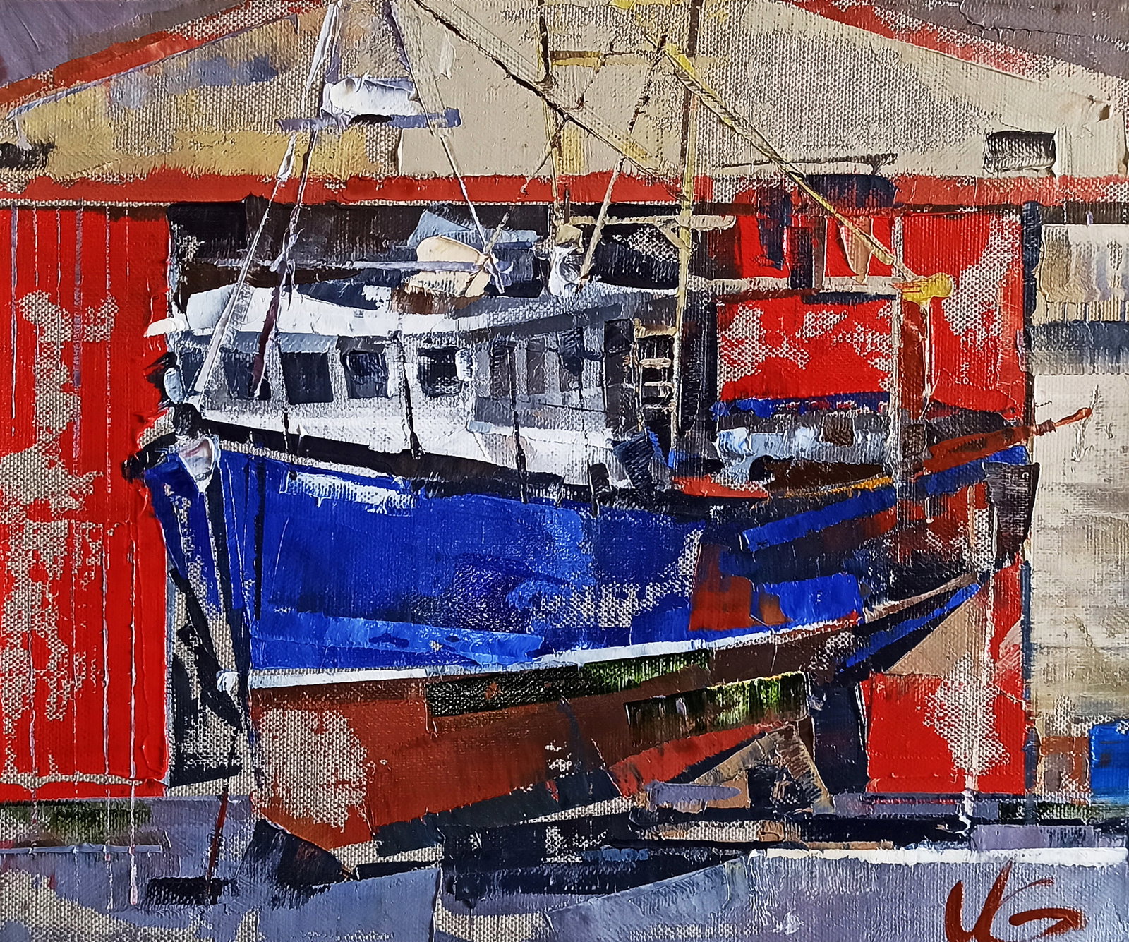Oil painting The ship is under repair Volodymyr Gluhomanyuk: 25GLUX Painter: Volodymyr Gluhomanyuk Size: 25x30 cm/9.84x11.81 inches Components: oil, canvas Original painting - series Fishing boats part 6 CONDITION: excellent ARTIST: Volodymyr Gluhomanyuk I was 