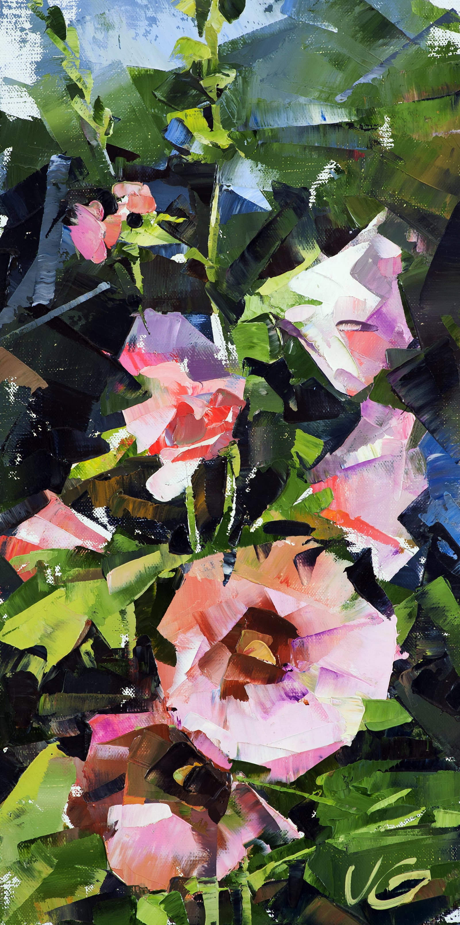 Oil painting Pink flowers Volodymyr Gluhomanyuk: 28GLUX Painter: Volodymyr Gluhomanyuk Size: 50x25 cm/19.68x9.84 inches Components: oil, canvas Original painting - series Mallows part 2 CONDITION: excellent ARTIST: Volodymyr Gluhomanyuk I was born