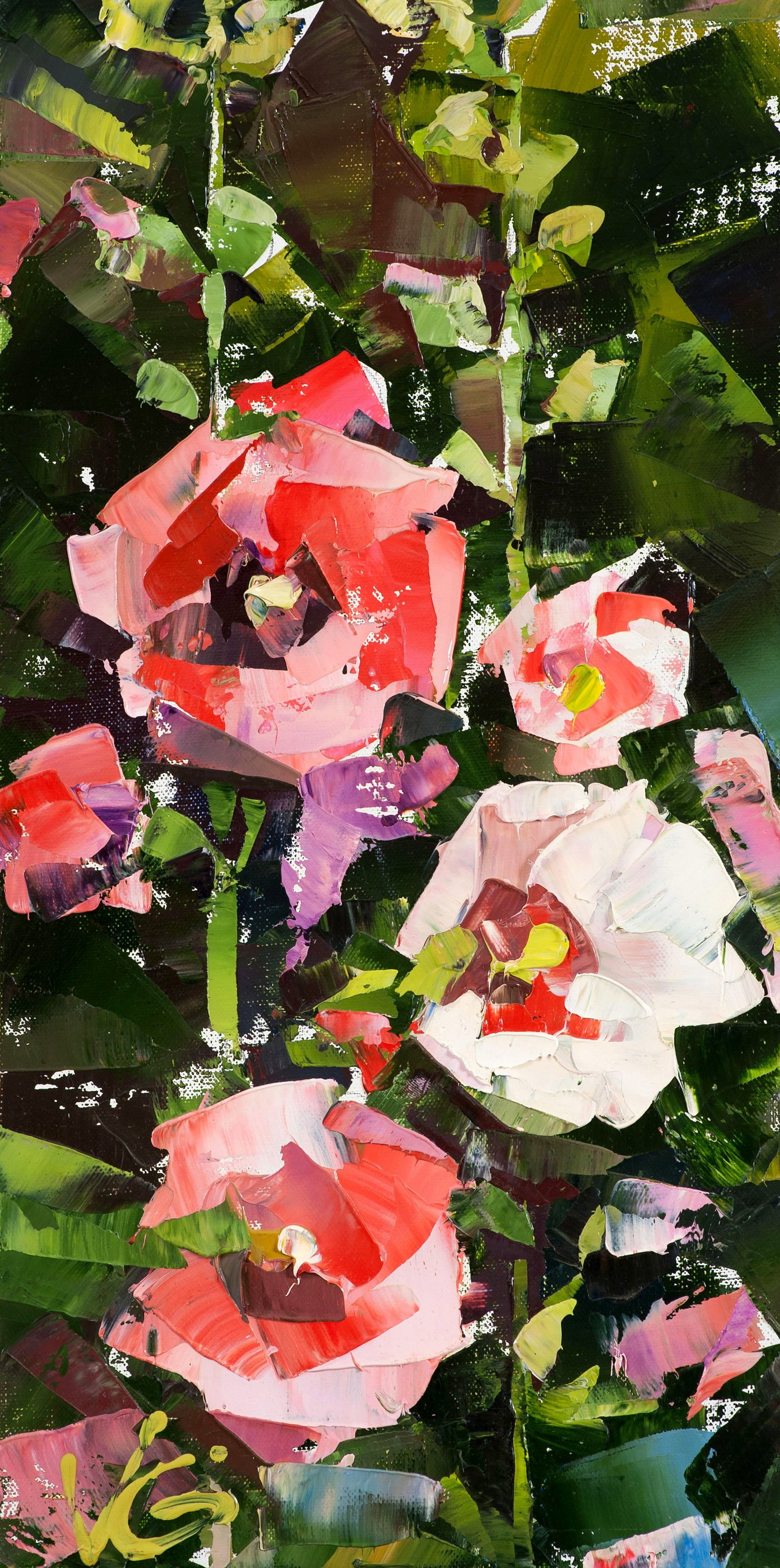 Oil painting Red flowers Volodymyr Gluhomanyuk: 29GLUX Painter: Volodymyr Gluhomanyuk Size: 50x25 cm/19.68x9.84 inches Components: oil, canvas Original painting - series Mallows part 3 CONDITION: excellent ARTIST: Volodymyr Gluhomanyuk I was born