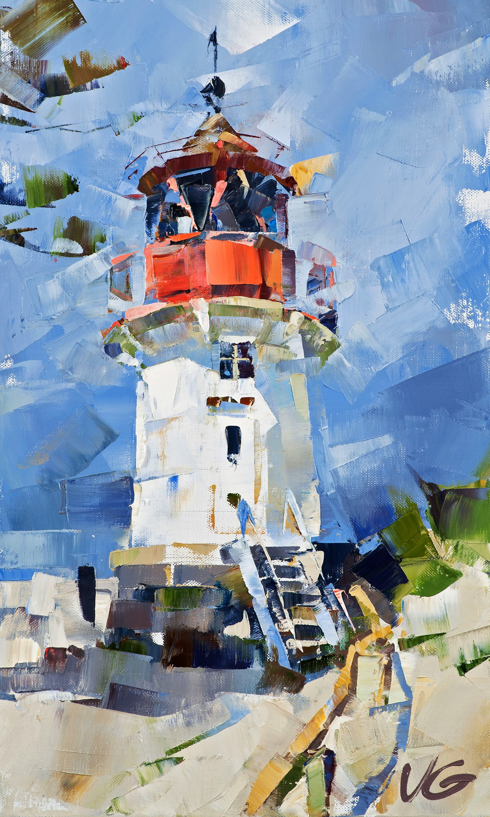 Oil painting Lighthouse Hellen Hiddensee Volodymyr Gluhomanyuk: 34GLUX Painter: Volodymyr Gluhomanyuk Size: 50x30 cm/19.68x11.81 inches Components: oil, canvas Original painting - series Lighthouses part 3 CONDITION: excellent ARTIST: Volodymyr Gluhomanyuk I was