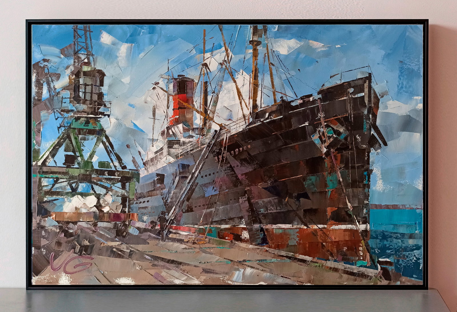 Oil painting Passenger ship in port Volodymyr Gluhomanyuk - 2