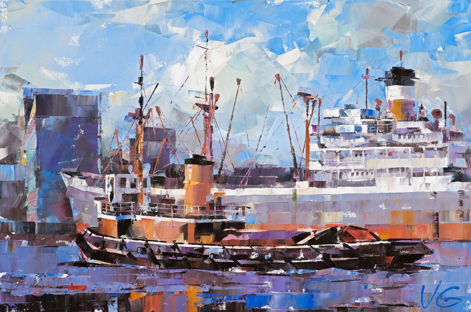 Oil painting Cargo ship and tugboat Volodymyr Gluhomanyuk (1 of 8)