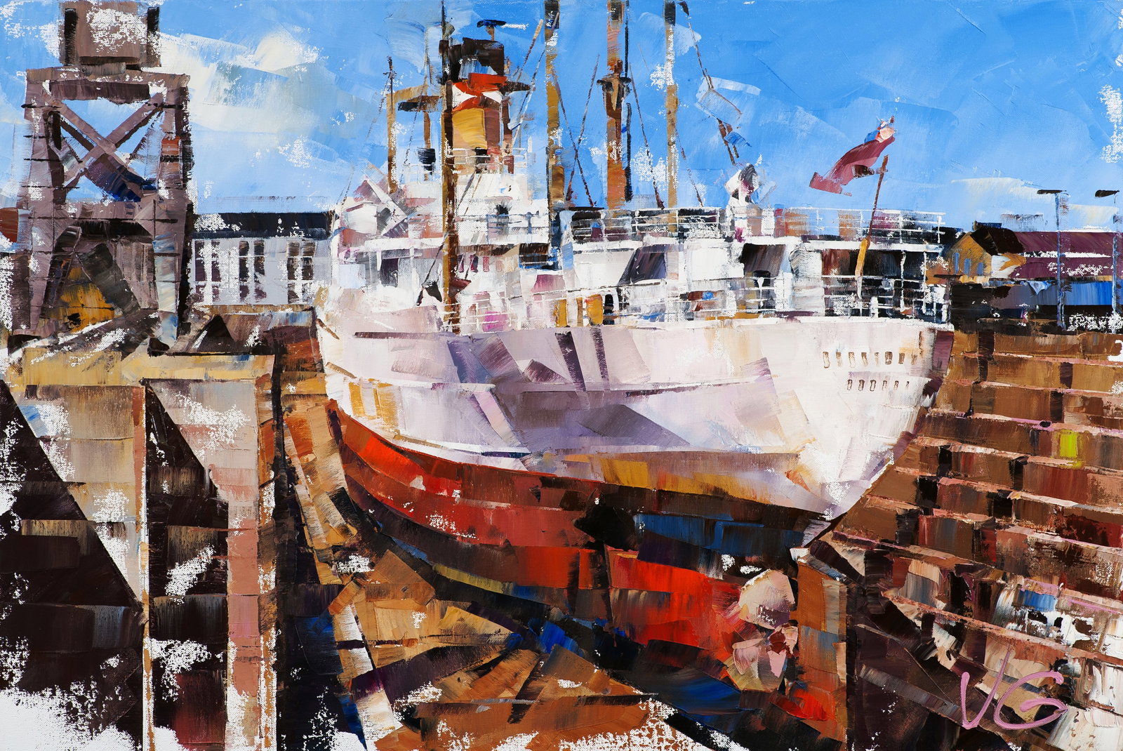 Oil painting Cargo ship Turrialba in Southampton drydock Volodymyr Gluhomanyuk (1 of 8)