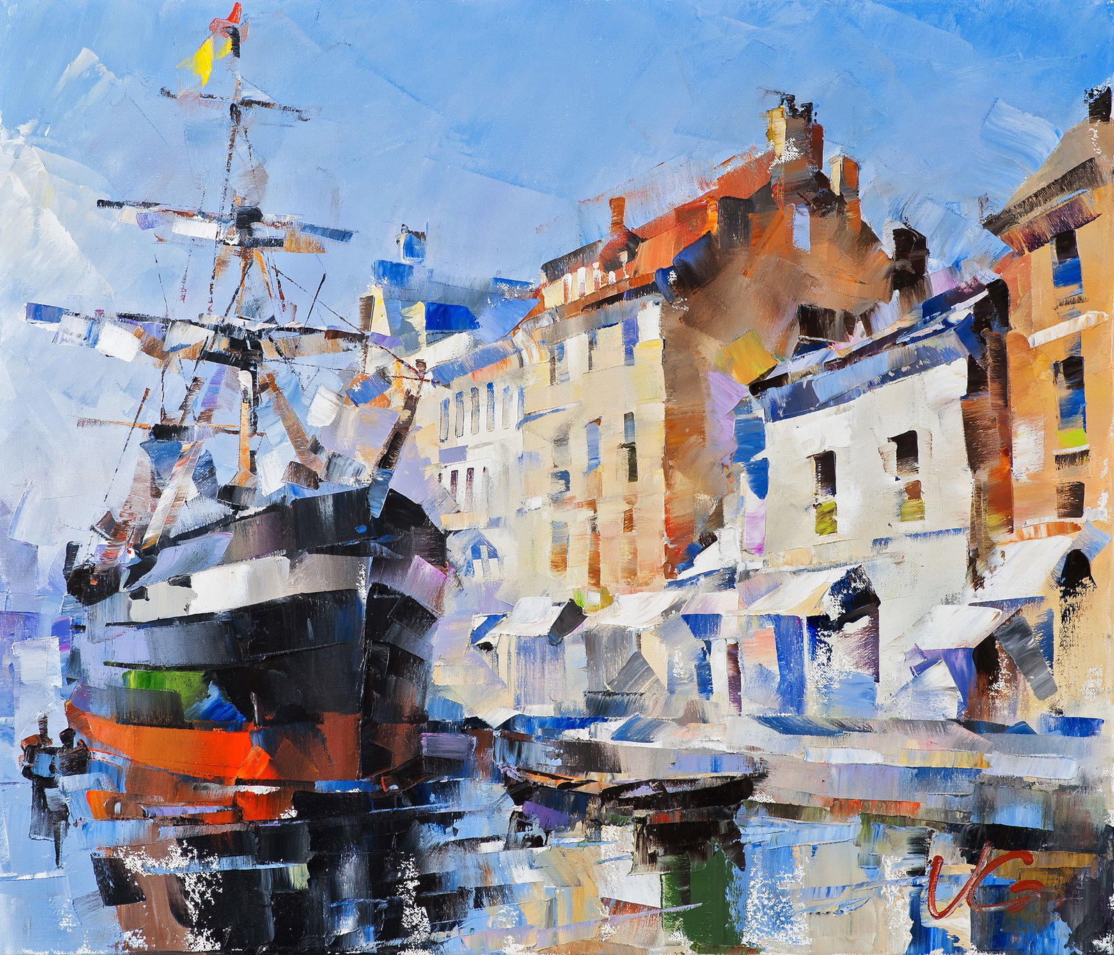Oil painting Ship in the Channel of Tranquility Volodymyr Gluhomanyuk: 58GLUX Price for diptych: 4830$ Painter: Volodymyr Gluhomanyuk Size: 60x70 cm/23.62x27.55 inches Components: oil, canvas Original painting - series Golden age part 9 CONDITION: excellent ARTIST: Volod