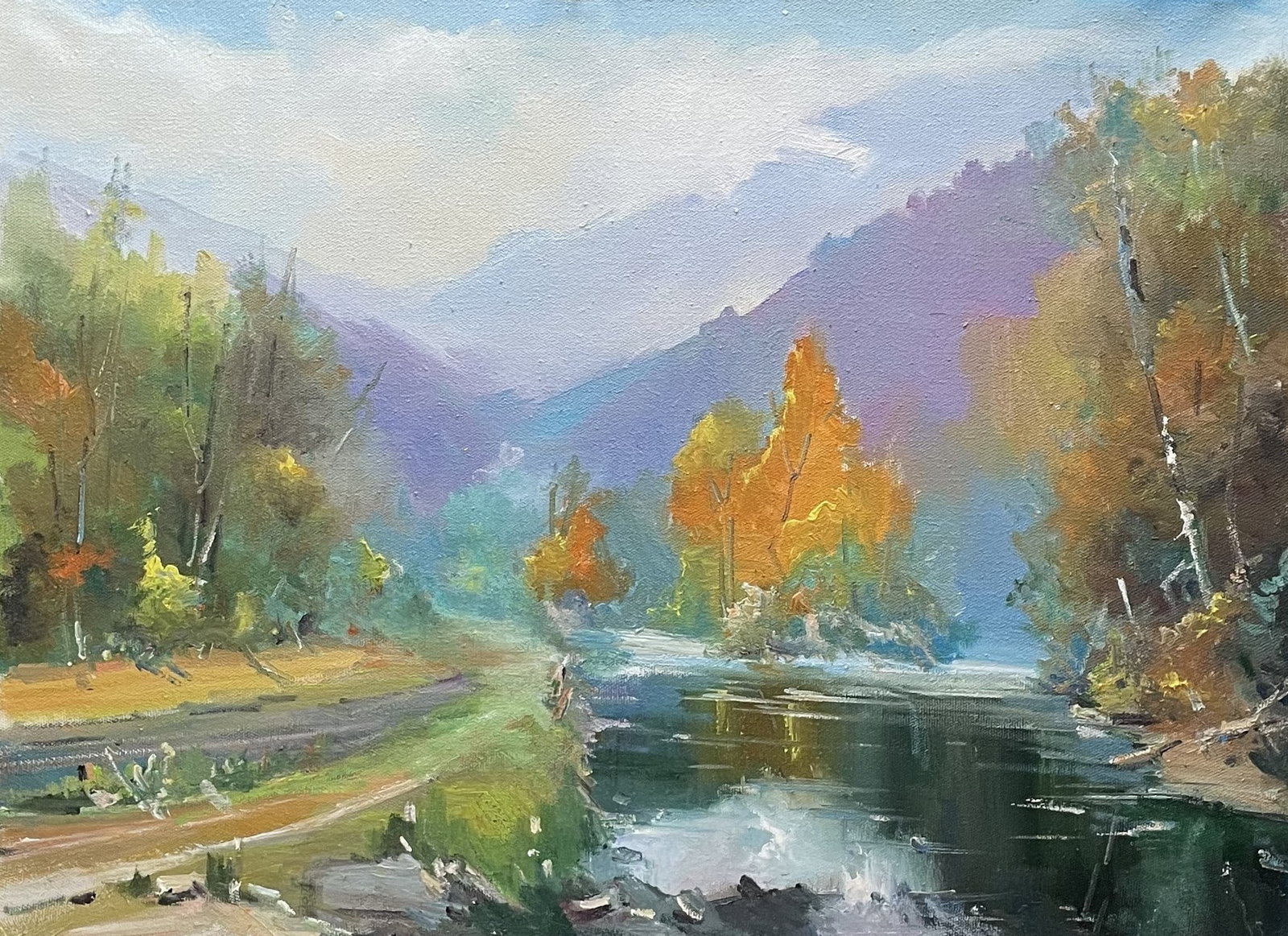 Oil painting Mountain road Ivan Romanyuk: 76ROM Painter: Ivan Romanyuk S?ze: 80x65 cm/31,4x25,5 inches Components: oil, canvas Original painting CONDITION: exellent ARTIST: A native of Ivano-Frankivsk region, he lives and works in