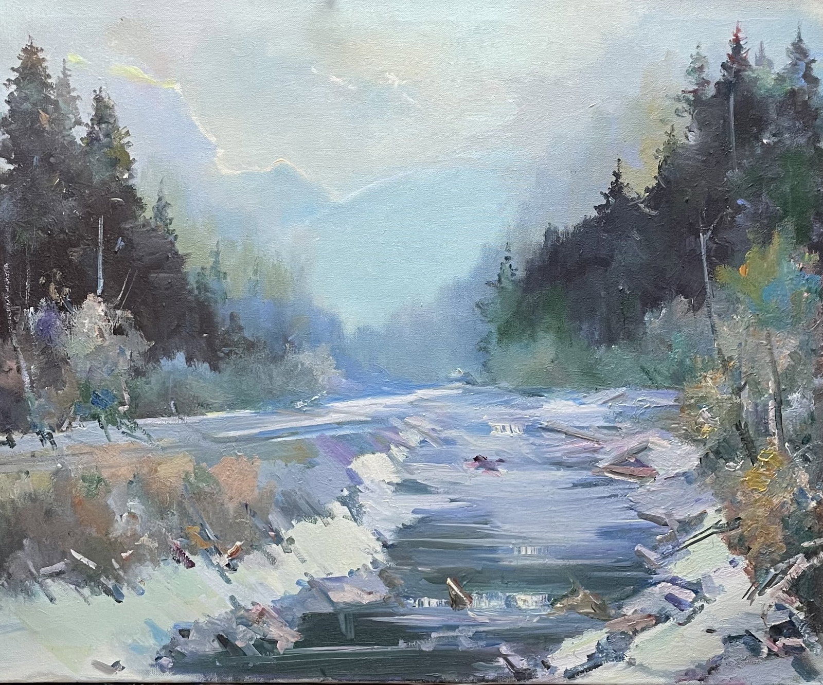 Oil painting River Ivan Romanyuk: 79ROM Painter: Ivan Romanyuk S?ze: 80x65 cm/31,4x25,5 inches Components: oil, canvas Original painting CONDITION: exellent ARTIST: A native of Ivano-Frankivsk region, he lives and works in Transcarpat