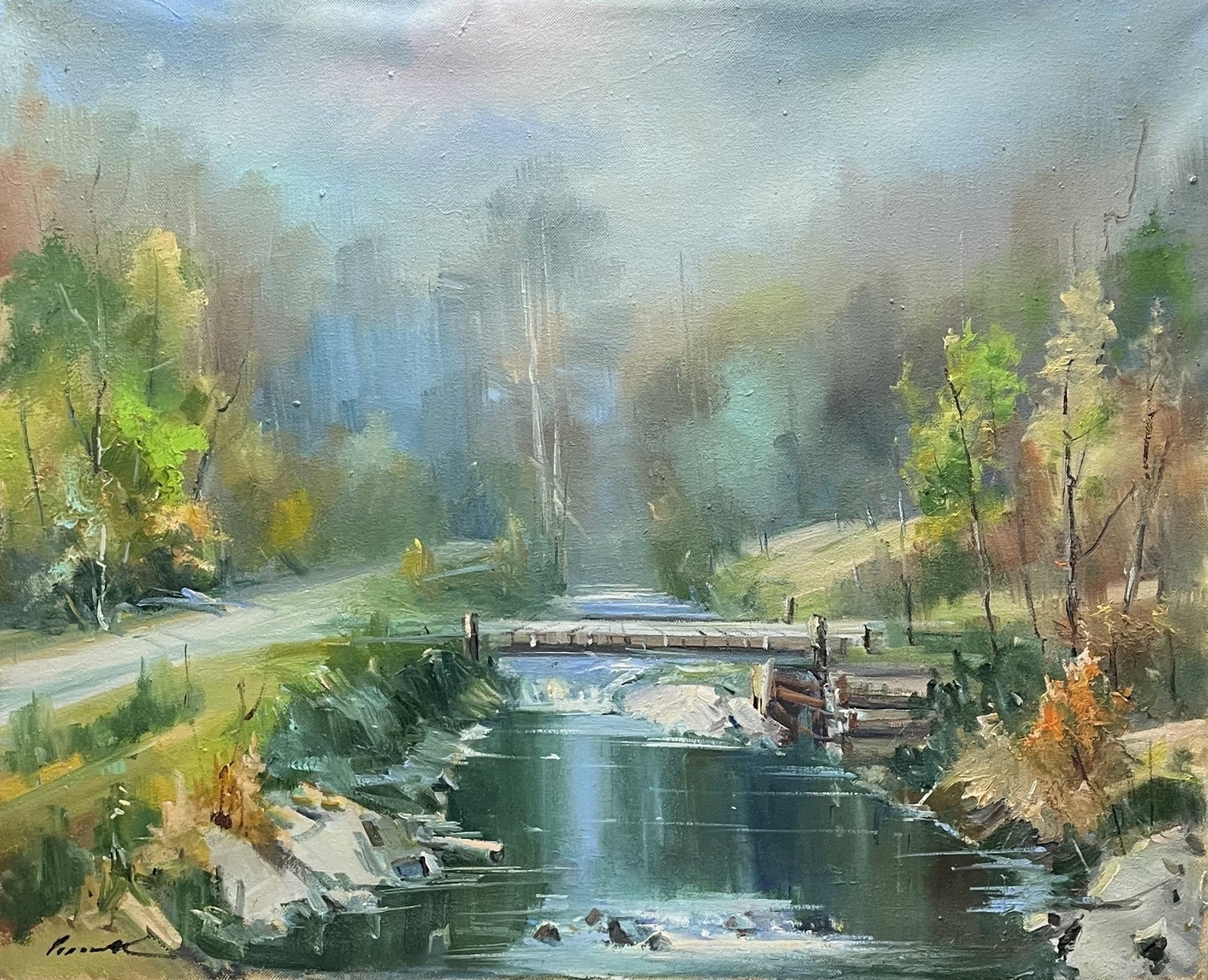 Oil painting Bridge Ivan Romanyuk: 87ROM Painter: Ivan Romanyuk S?ze: 80x65 cm/31,4x25,5 inches Components: oil, canvas Original painting CONDITION: exellent ARTIST: A native of Ivano-Frankivsk region, he lives and works in