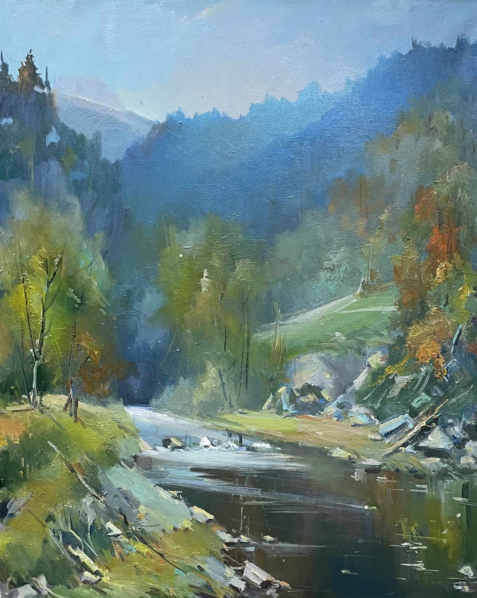 Oil painting River Ivan Romanyuk: 90ROM Painter: Ivan Romanyuk S?ze: 80x65 cm/31,4x25,5 inches Components: oil, canvas Original painting CONDITION: exellent ARTIST: A native of Ivano-Frankivsk region, he lives and works in