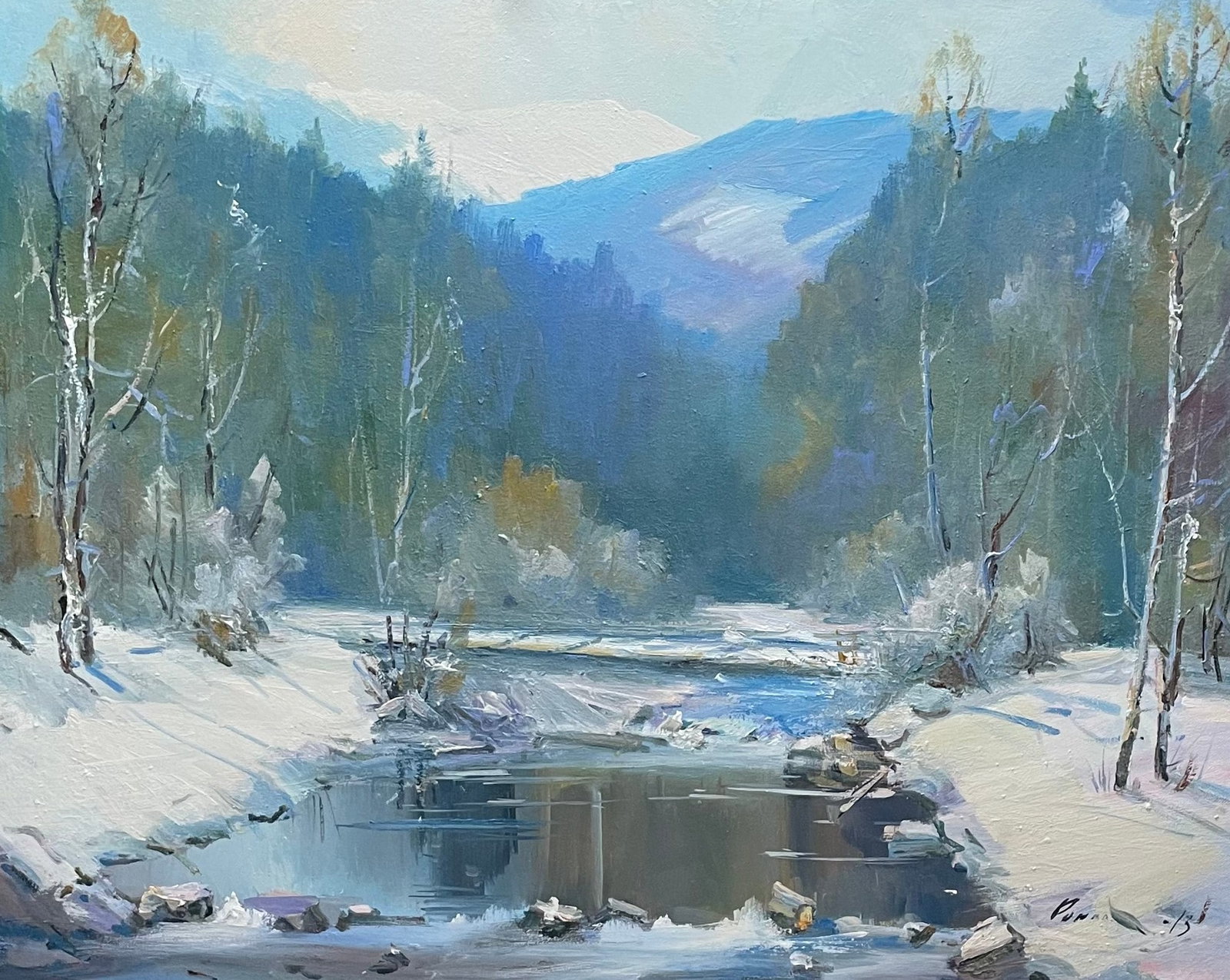 Oil painting Dridge in the winter Ivan Romanyuk: 99ROM Painter: Ivan Romanyuk S?ze: 80x65 cm/31,4x25,5 inches Components: oil, canvas Original painting CONDITION: exellent ARTIST: A native of Ivano-Frankivsk region, he lives and works in Transcarpat