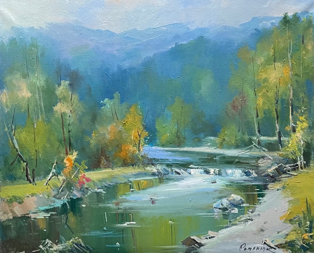 Oil painting Little river Ivan Romanyuk: 102ROM Painter: Ivan Romanyuk S?ze: 80x65 cm/31,4x25,5 inches Components: oil, canvas Original painting CONDITION: exellent ARTIST: A native of Ivano-Frankivsk region, he lives and works in Transcarpa