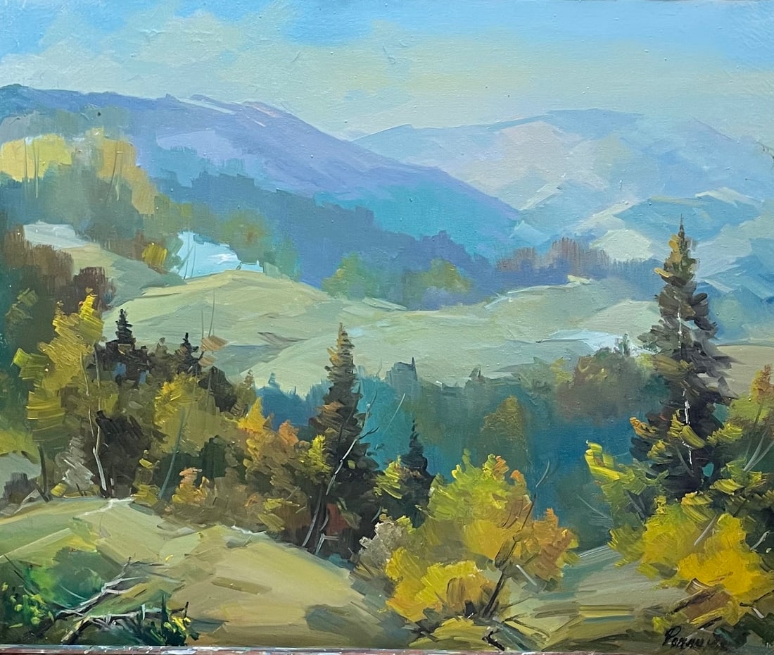 Oil painting Hills Ivan Romanyuk: 104ROM Painter: Ivan Romanyuk S?ze: 80x65 cm/31,4x25,5 inches Components: oil, canvas Original painting CONDITION: exellent ARTIST: A native of Ivano-Frankivsk region, he lives and works in Transcarpa