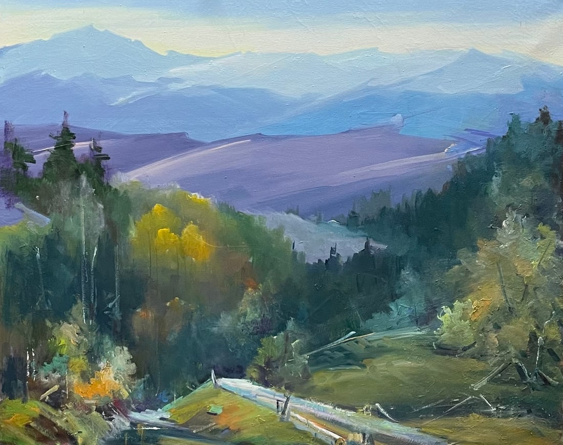Oil painting From the peak Ivan Romanyuk: 105ROM Painter: Ivan Romanyuk S?ze: 80x65 cm/31,4x25,5 inches Components: oil, canvas Original painting CONDITION: exellent ARTIST: A native of Ivano-Frankivsk region, he lives and works in Transcarpa