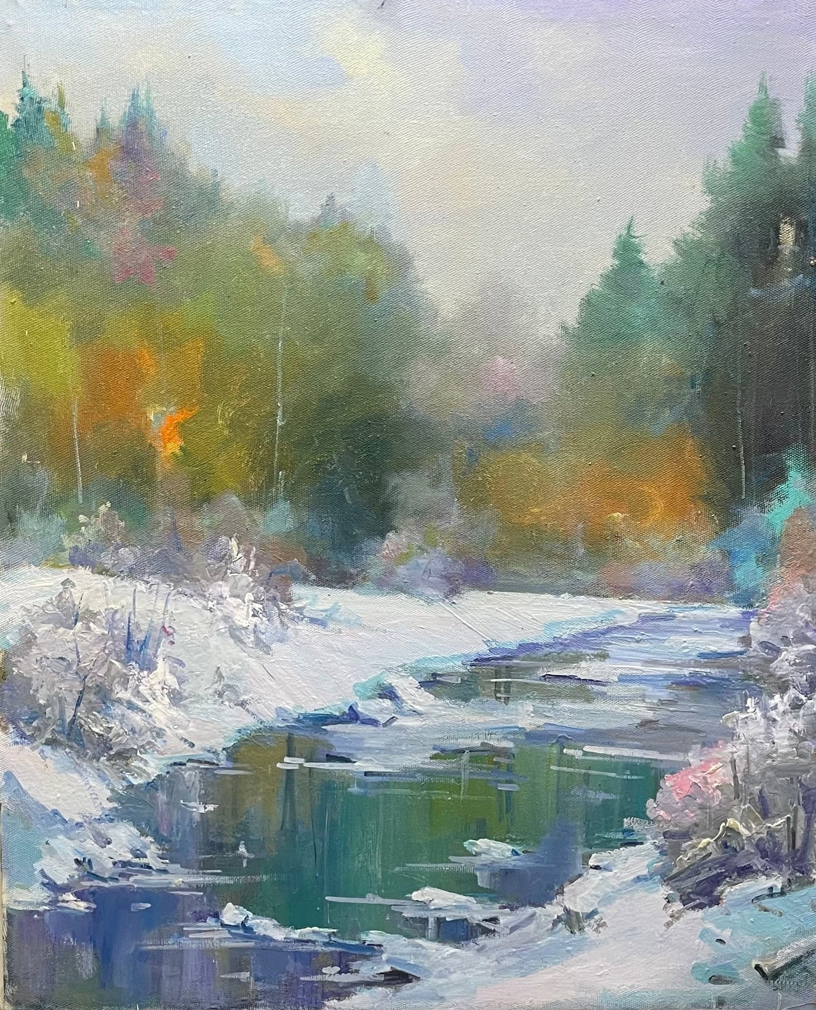 Oil painting River melting Ivan Romanyuk: 106ROM Painter: Ivan Romanyuk S?ze: 80x65 cm/31,4x25,5 inches Components: oil, canvas Original painting CONDITION: exellent ARTIST: A native of Ivano-Frankivsk region, he lives and works in Transcarpa