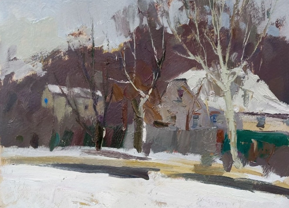 Oil painting Winter street Alex Ditriev: 01AD Painter: Alex Ditriev S?ze: 31x40 cm/12.2x15.7 inches Components: oil, cardboard Original painting from our collection ERA: 2022 Short information: Alex was born on May 10, 1977 in the city of Ni